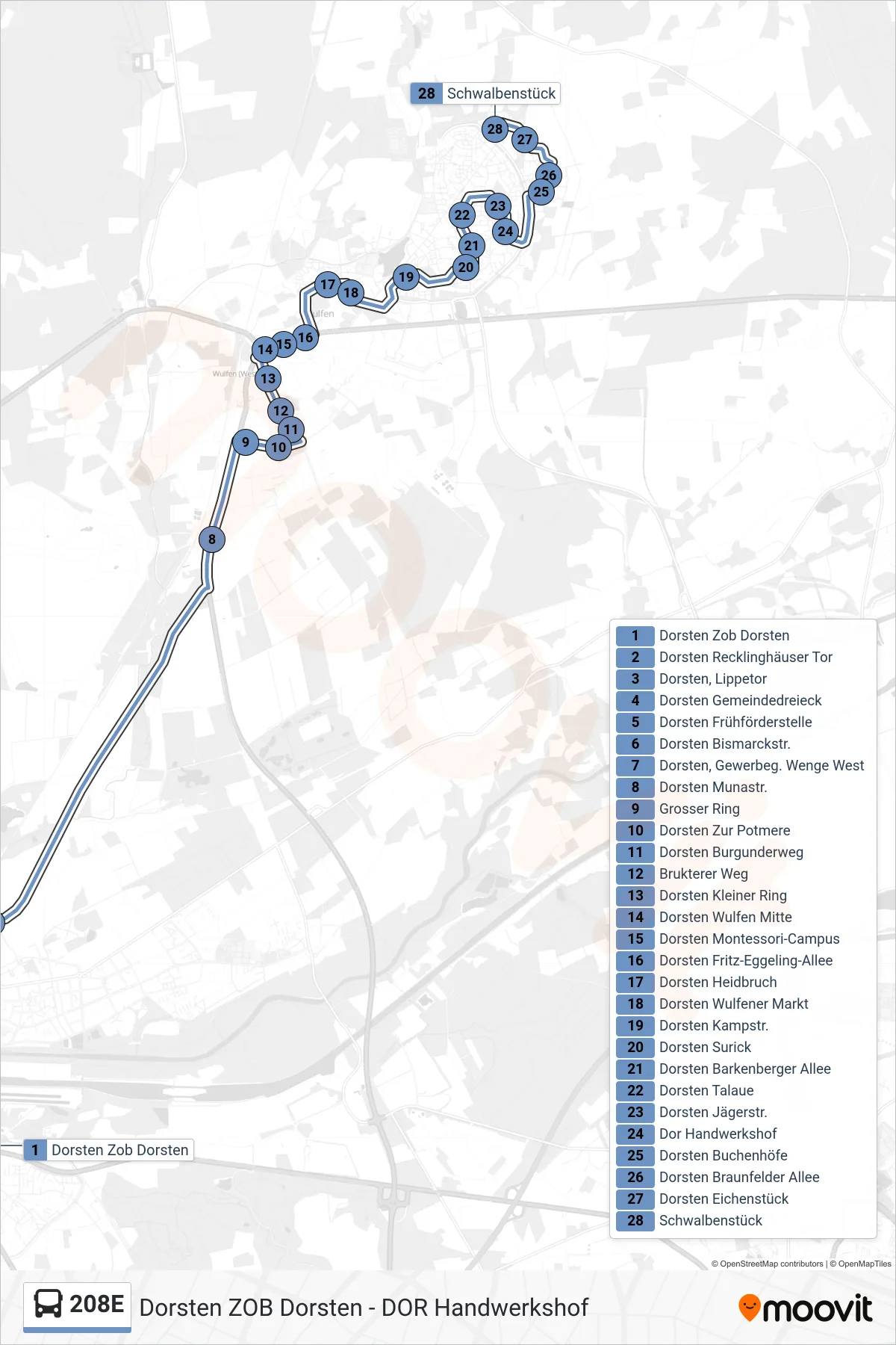 Linie 208E (Bus) Richtung Schwalbenstück: Route und Haltestellen auf der Karte