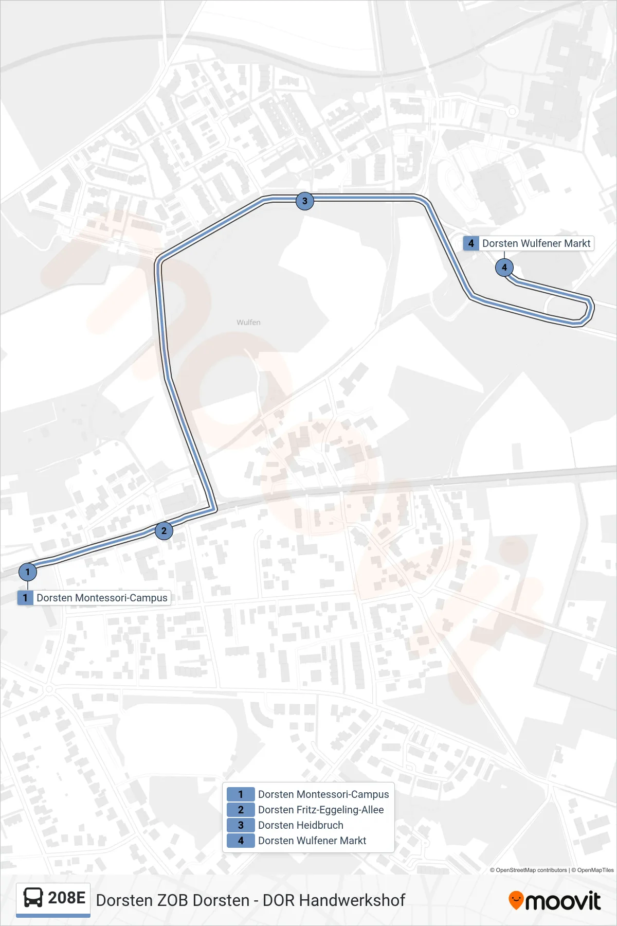 208E bus Line (Dorsten Wulfener Markt) route and stops on a map
