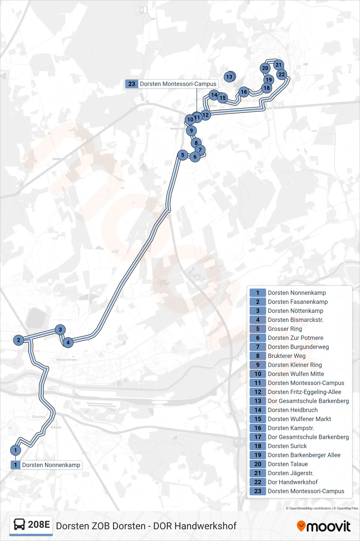 208E bus Line (Dorsten Montessori-Campus) route and stops on a map