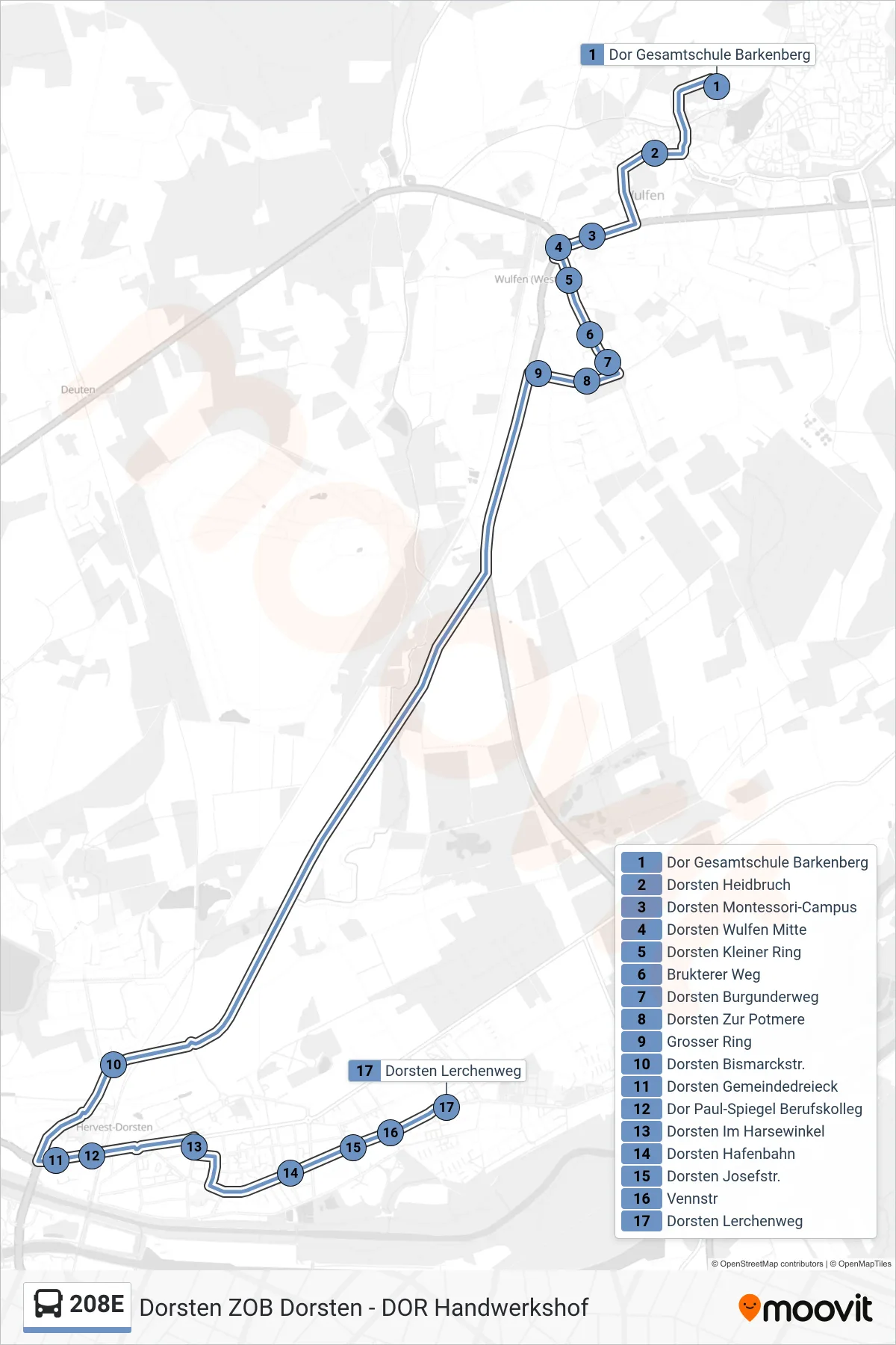 208E bus Line (Dorsten Lerchenweg) route and stops on a map