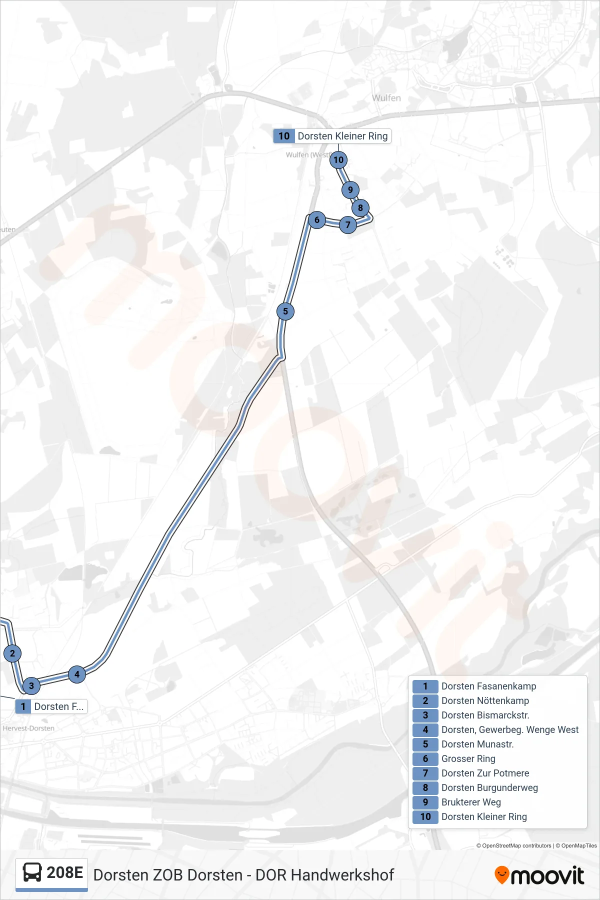 208E bus Line (Dorsten Kleiner Ring) route and stops on a map