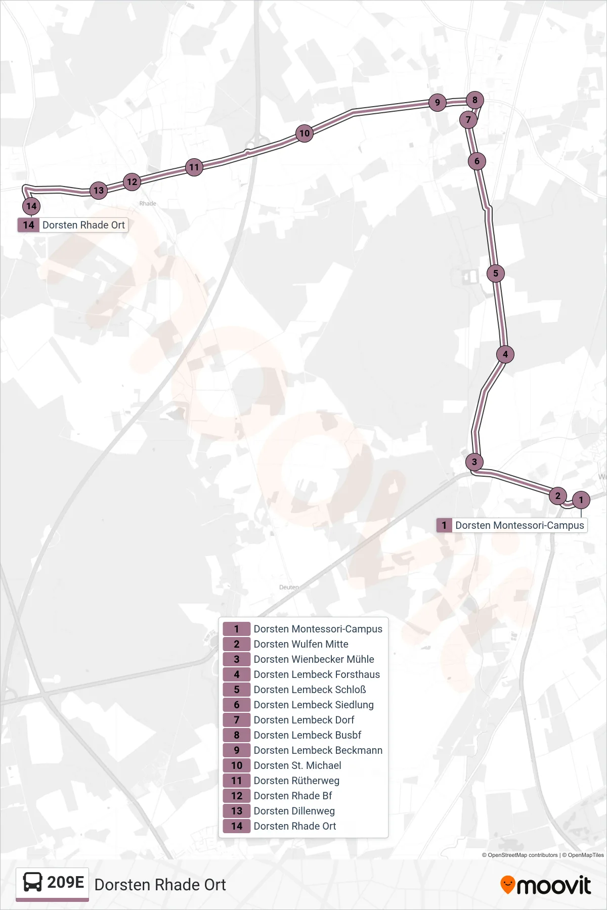 Linie 209E (Bus) Richtung Dorsten Rhade Ort: Route und Haltestellen auf der Karte