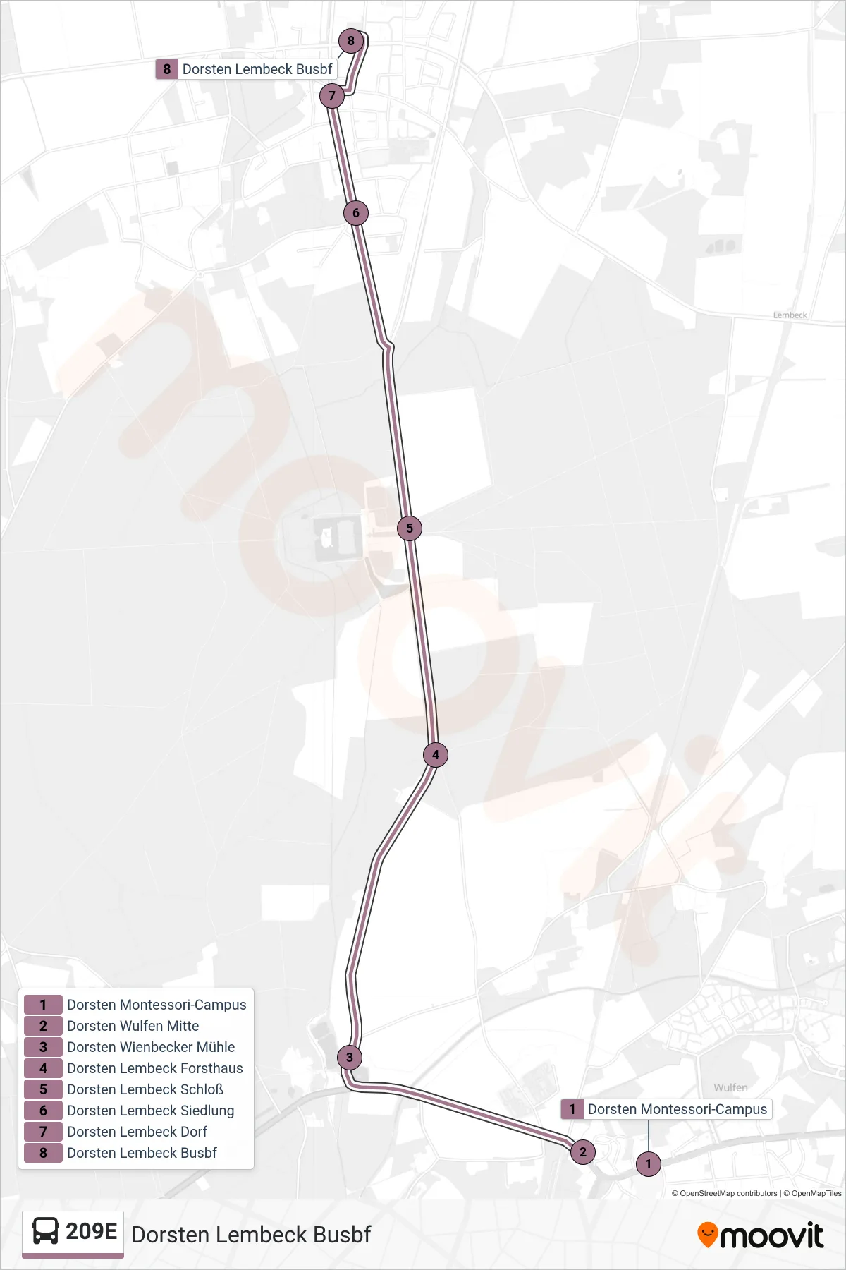 209E bus Line (Dorsten Lembeck Busbf) route and stops on a map