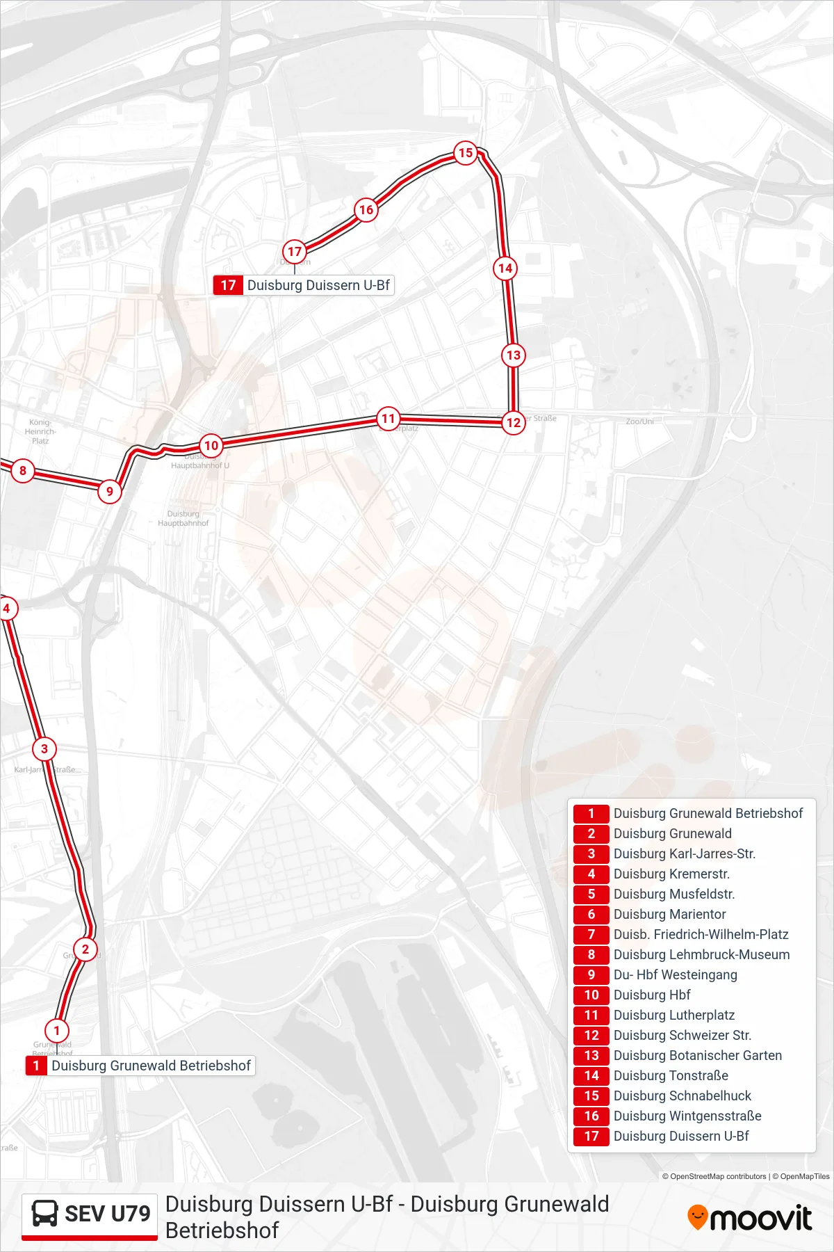 Linie SEV U79 (Bus) Richtung Duisburg Duissern U-Bf: Route und Haltestellen auf der Karte