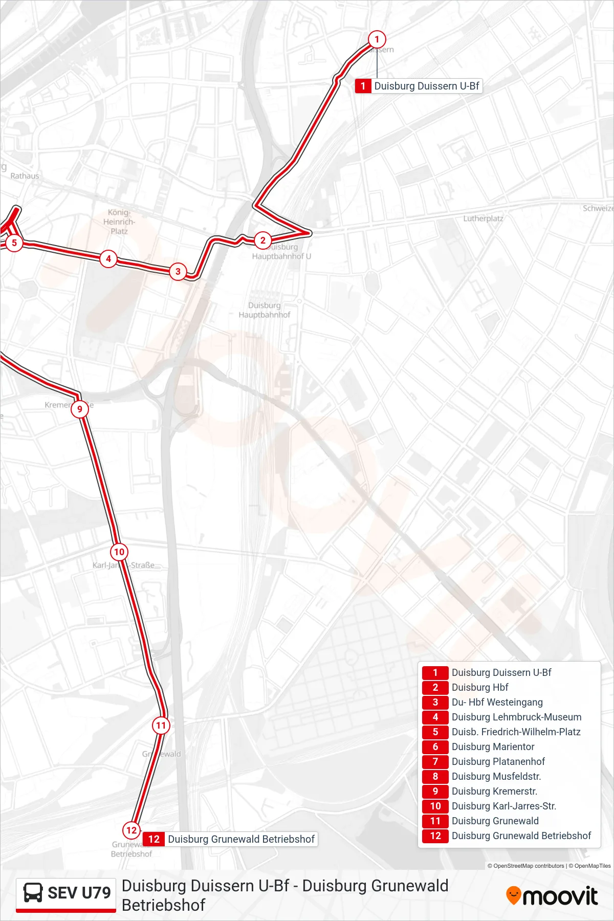 Linie SEV U79 (Bus) Richtung Duisburg Grunewald Betriebshof: Route und Haltestellen auf der Karte