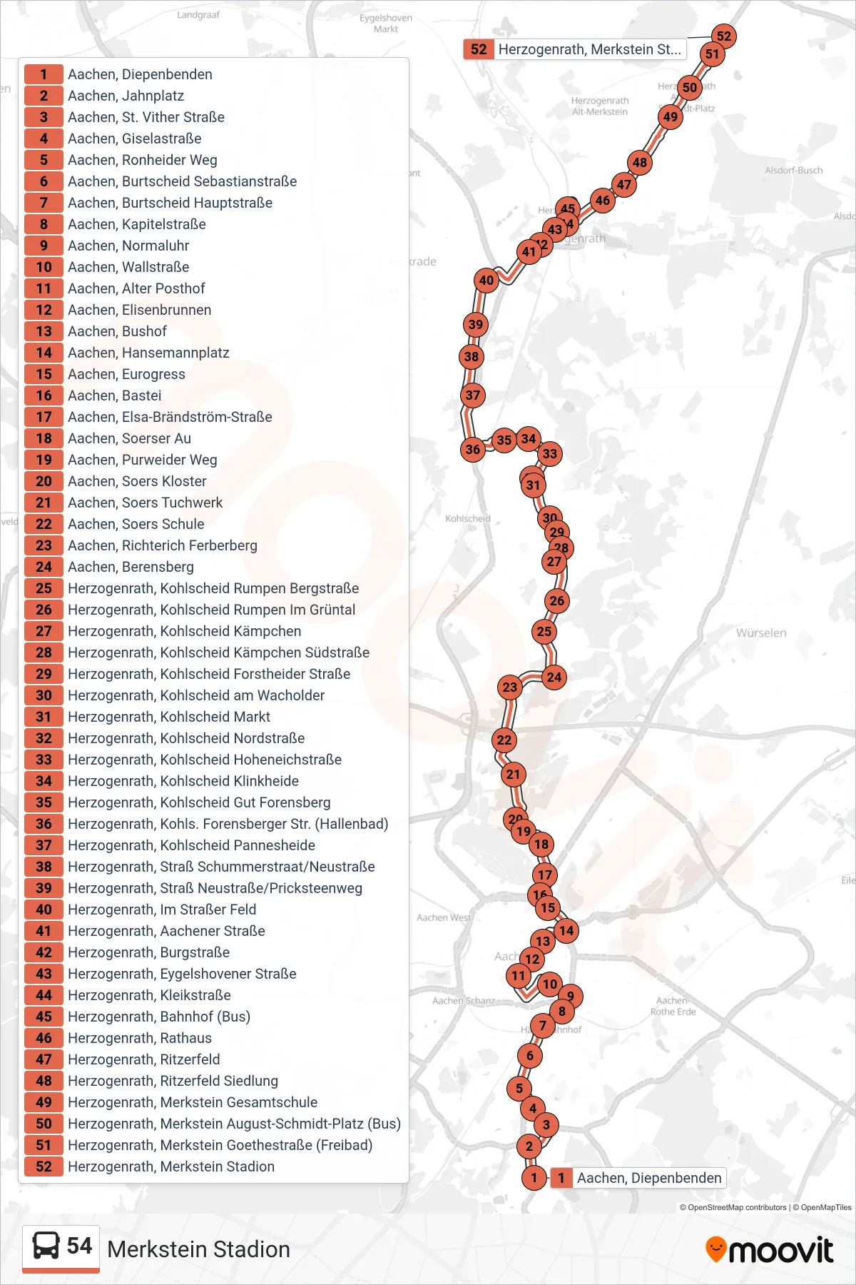 54 bus Line (Merkstein Stadion) route and stops on a map
