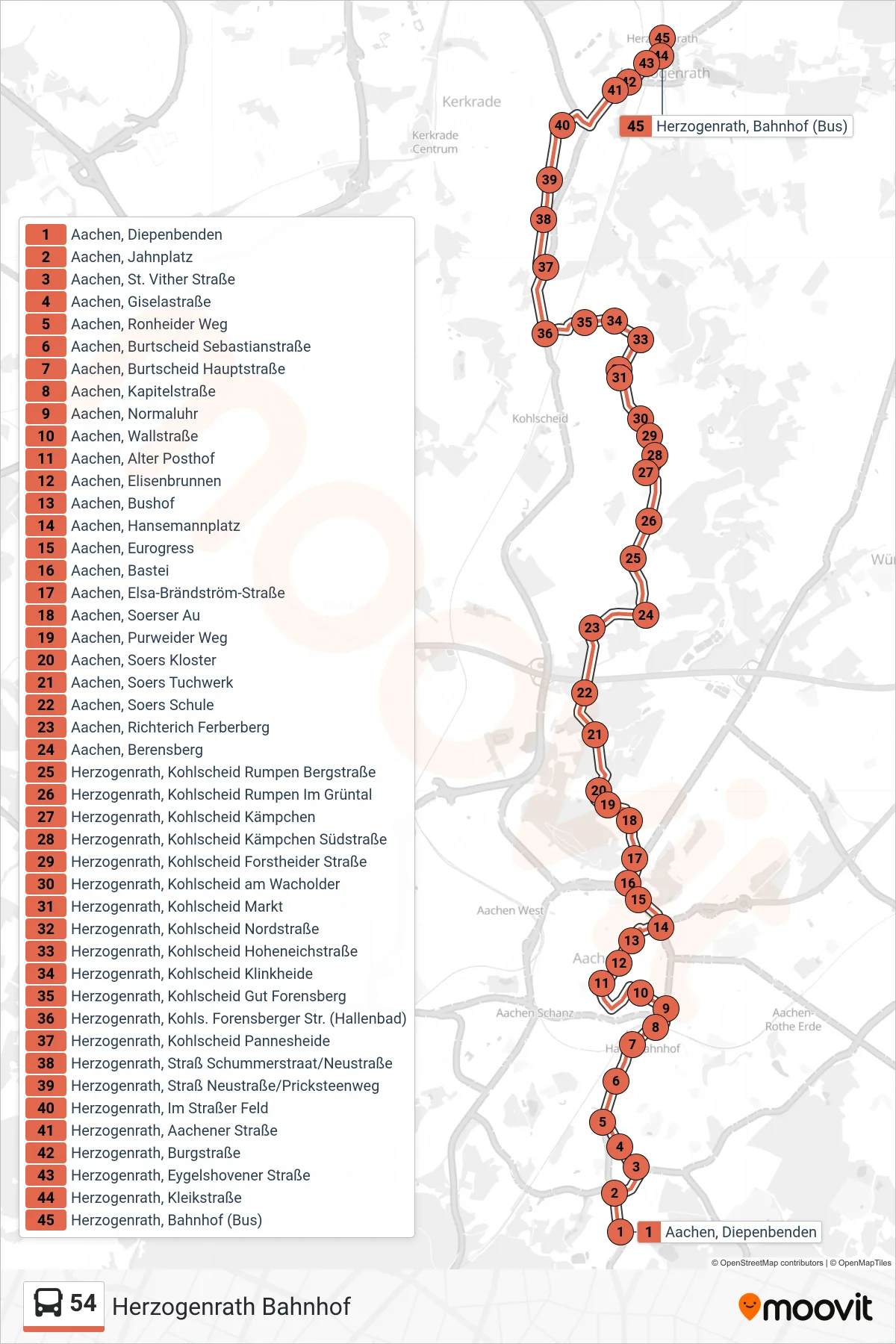 54 bus Line (Herzogenrath Bahnhof) route and stops on a map