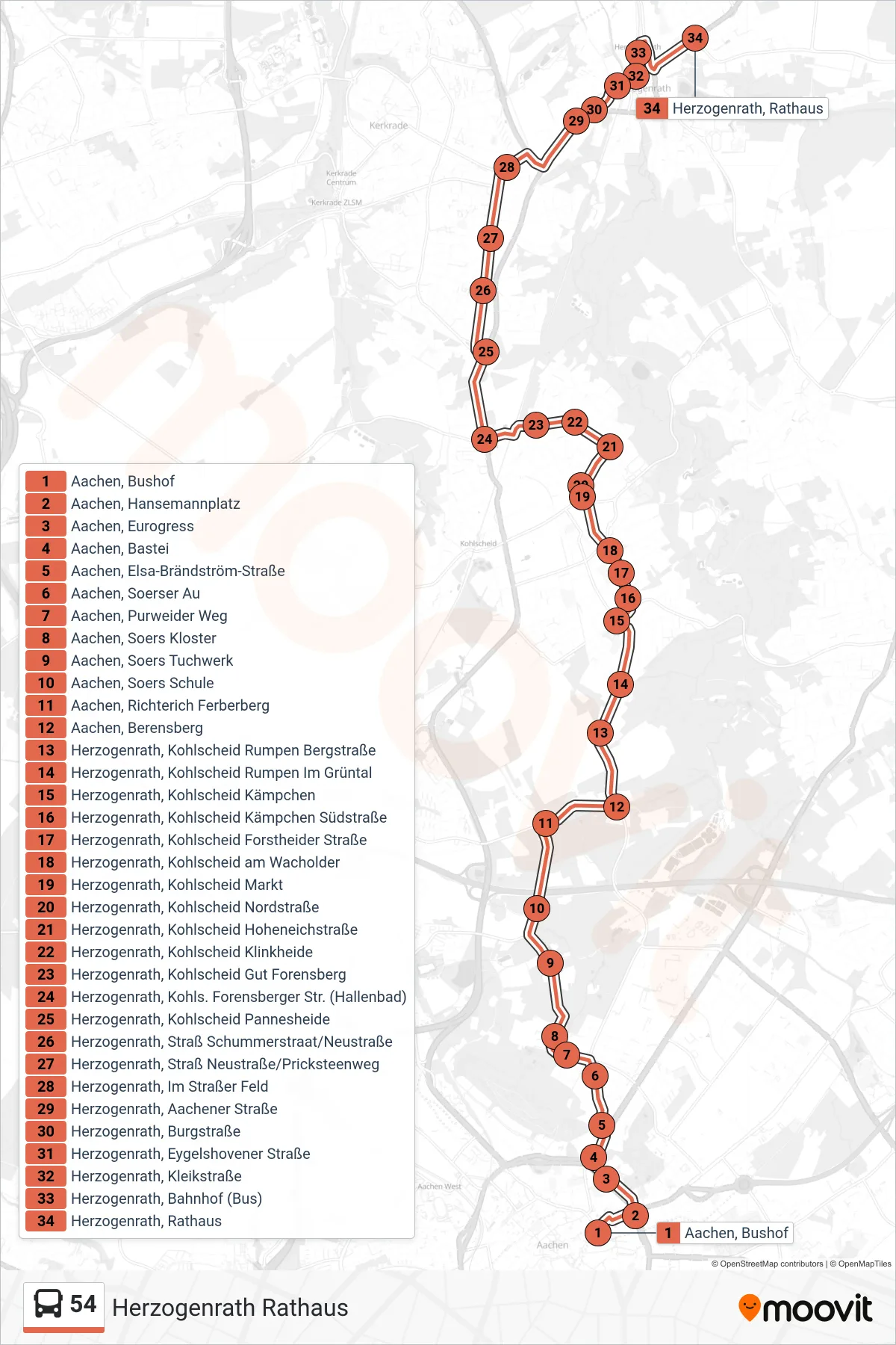 Linie 54 (Bus) Richtung Herzogenrath Rathaus: Route und Haltestellen auf der Karte