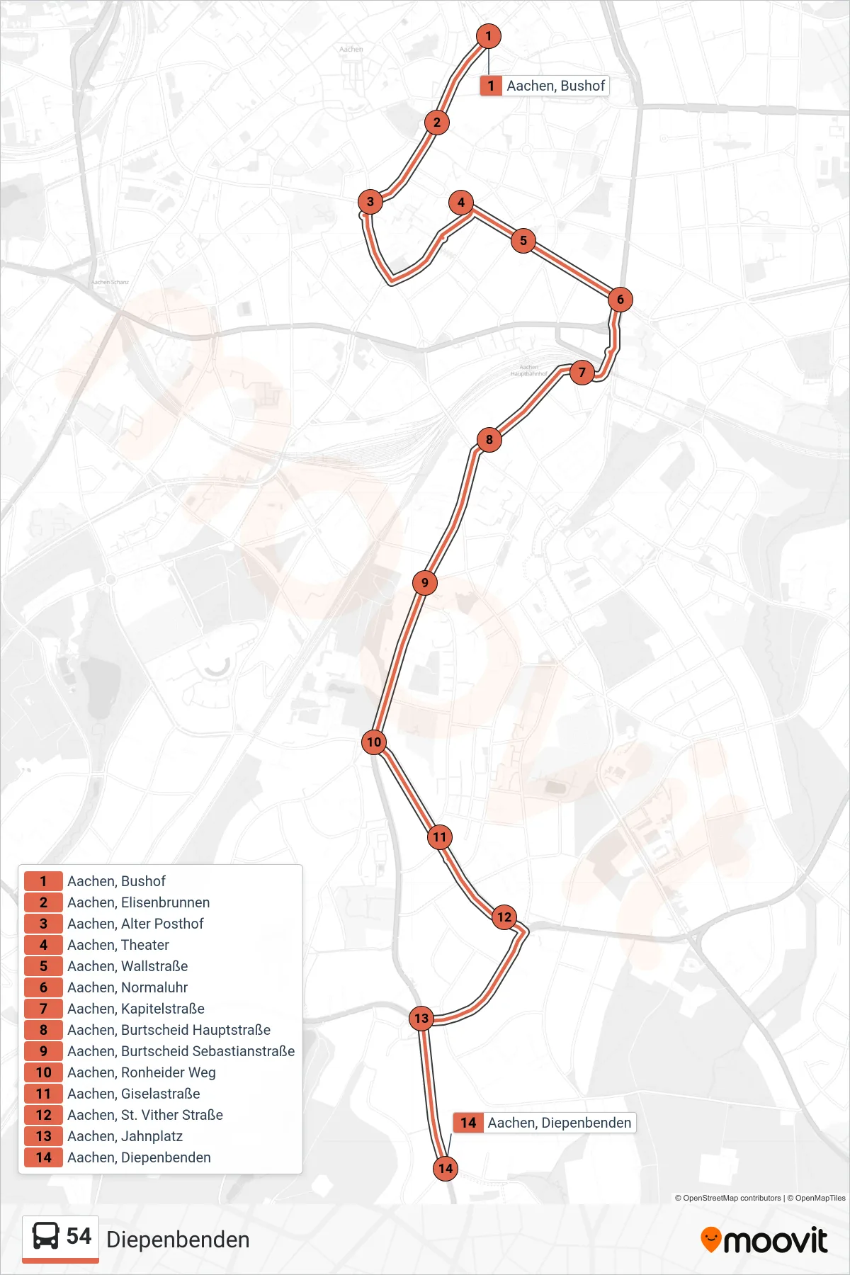 Linie 54 (Bus) Richtung Diepenbenden: Route und Haltestellen auf der Karte
