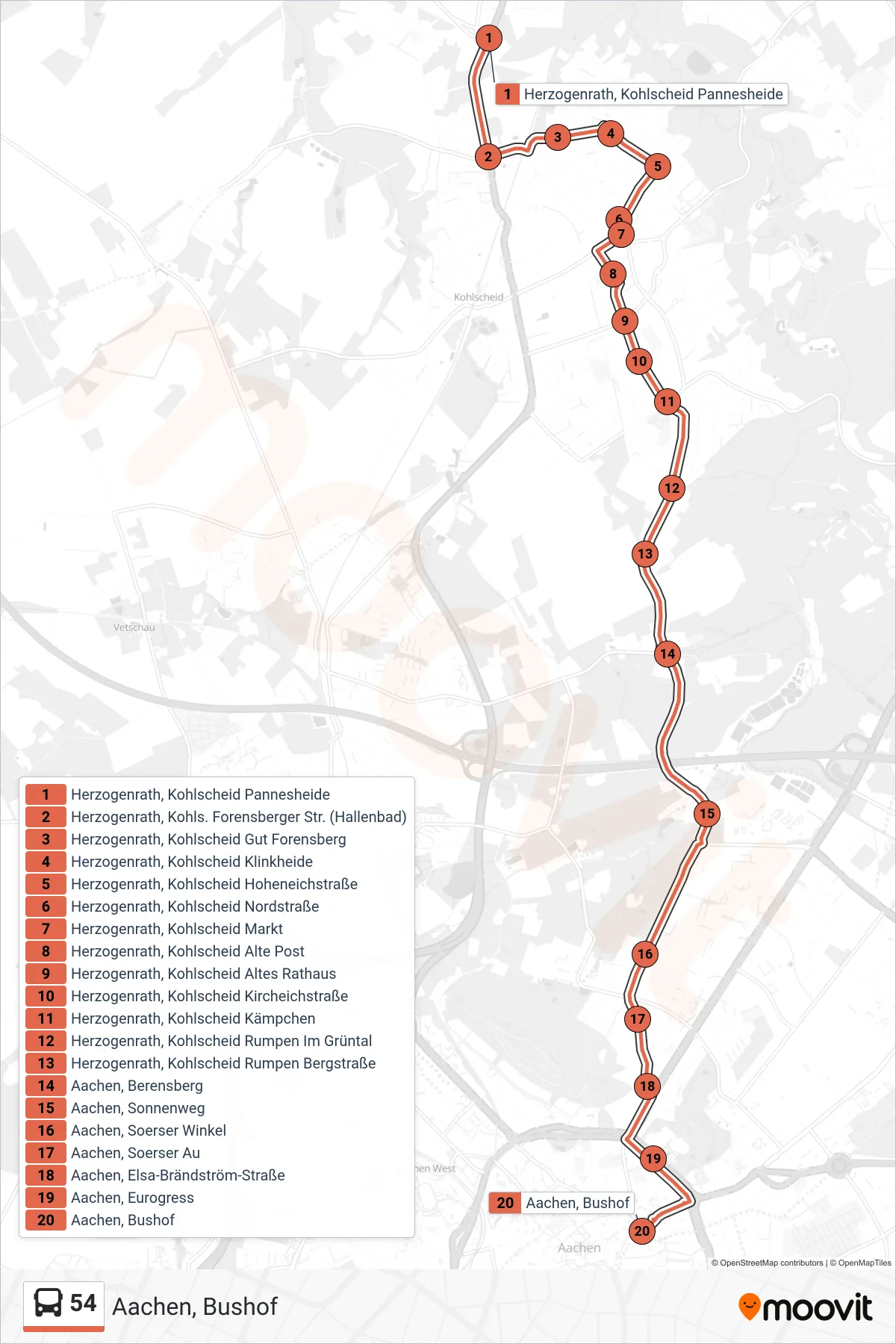 Linie 54 (Bus) Richtung Aachen, Bushof: Route und Haltestellen auf der Karte