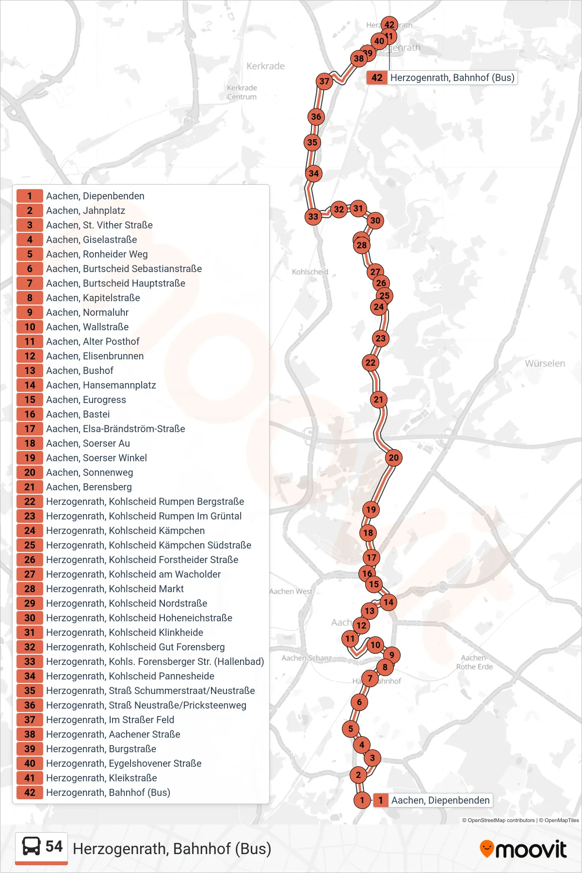 Linie 54 (Bus) Richtung Herzogenrath, Bahnhof (Bus): Route und Haltestellen auf der Karte