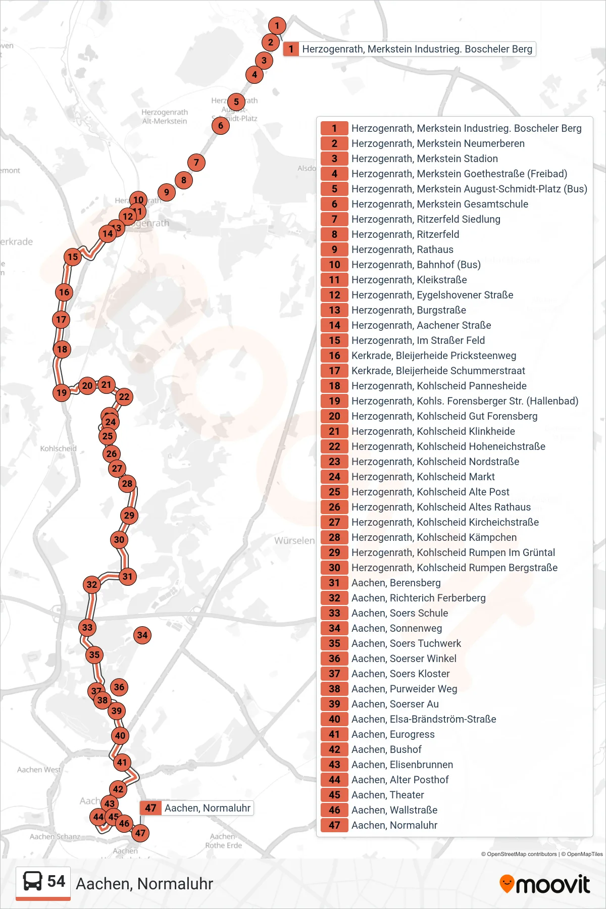 54 bus Line (Aachen, Normaluhr) route and stops on a map