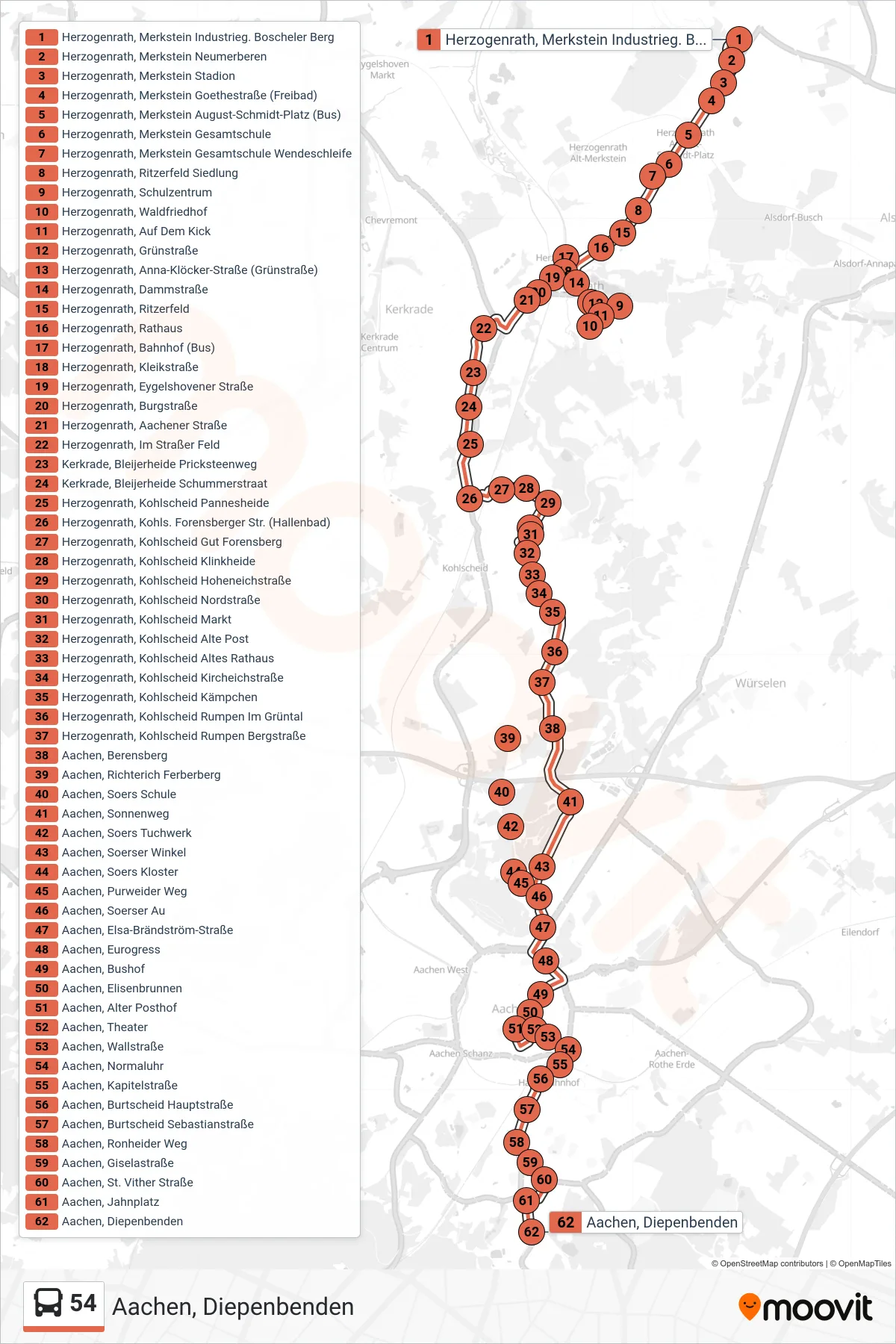 Linie 54 (Bus) Richtung Aachen, Diepenbenden: Route und Haltestellen auf der Karte