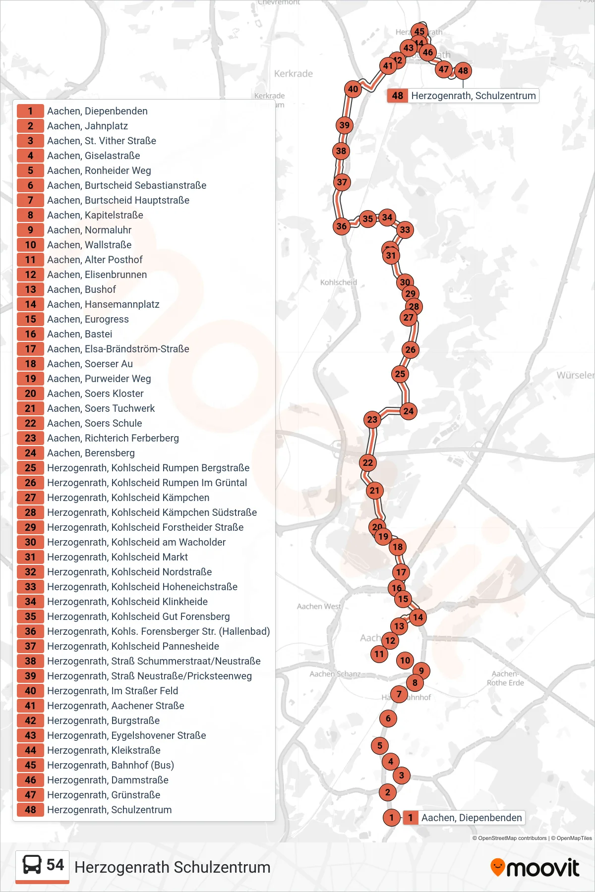 54 bus Line (Herzogenrath Schulzentrum) route and stops on a map