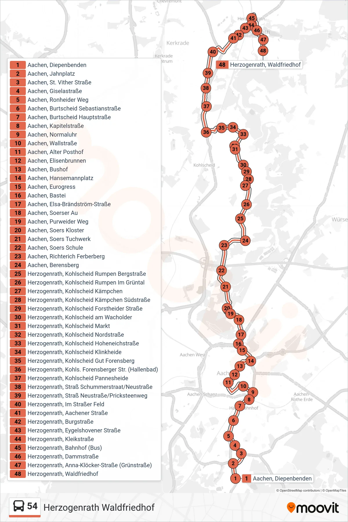 54 bus Line (Herzogenrath Waldfriedhof) route and stops on a map