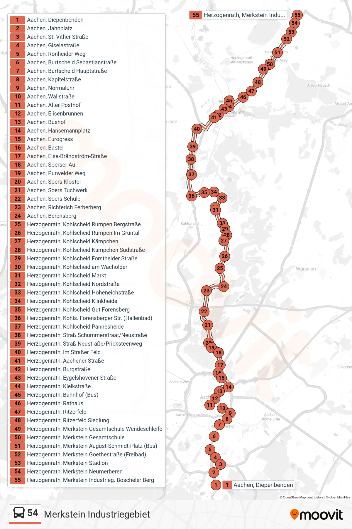 Linie 54 (Bus) Richtung Merkstein Industriegebiet: Route und Haltestellen auf der Karte