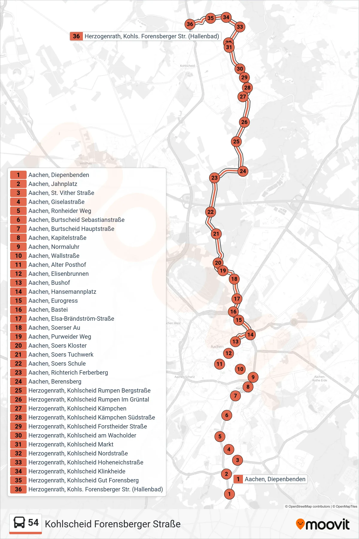 Linie 54 (Bus) Richtung Kohlscheid Forensberger Straße: Route und Haltestellen auf der Karte