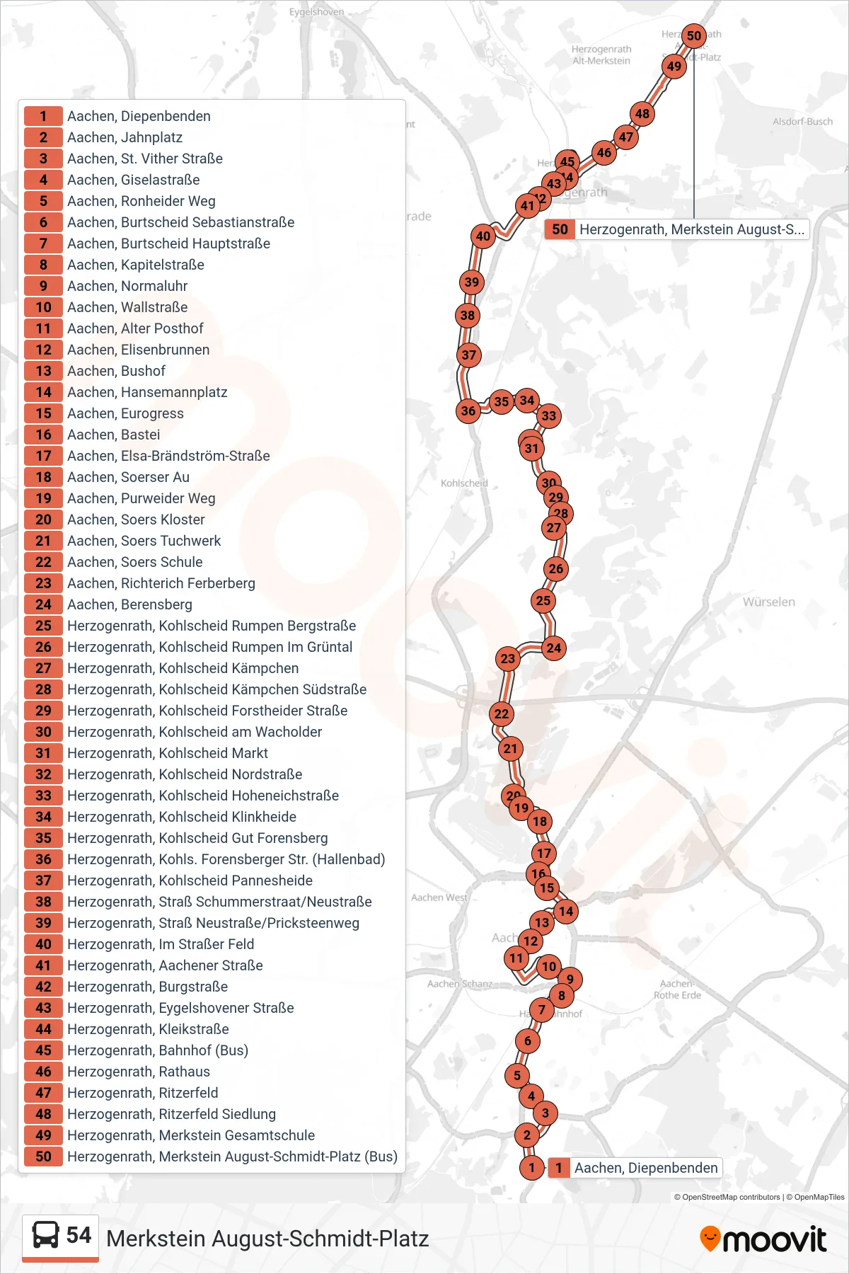 Linie 54 (Bus) Richtung Merkstein August-Schmidt-Platz: Route und Haltestellen auf der Karte