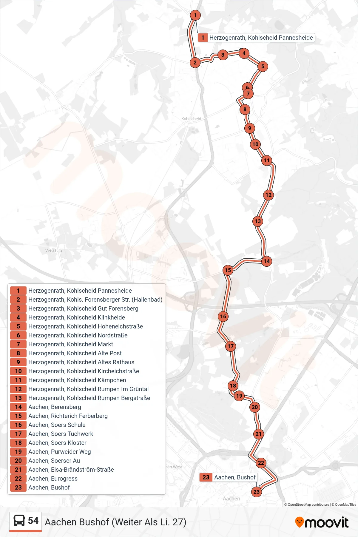 Linie 54 (Bus) Richtung Aachen Bushof (Weiter Als Li. 27): Route und Haltestellen auf der Karte