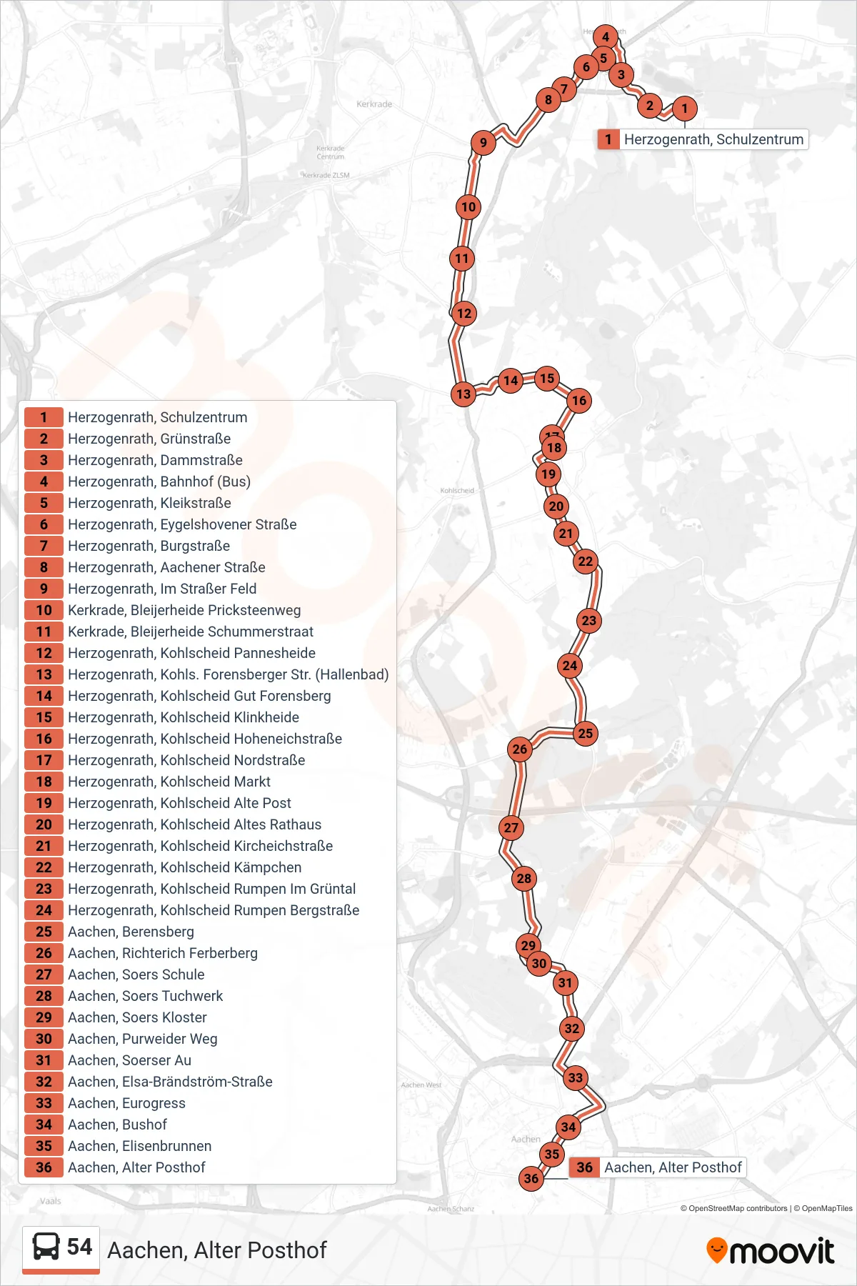 Linie 54 (Bus) Richtung Aachen, Alter Posthof: Route und Haltestellen auf der Karte