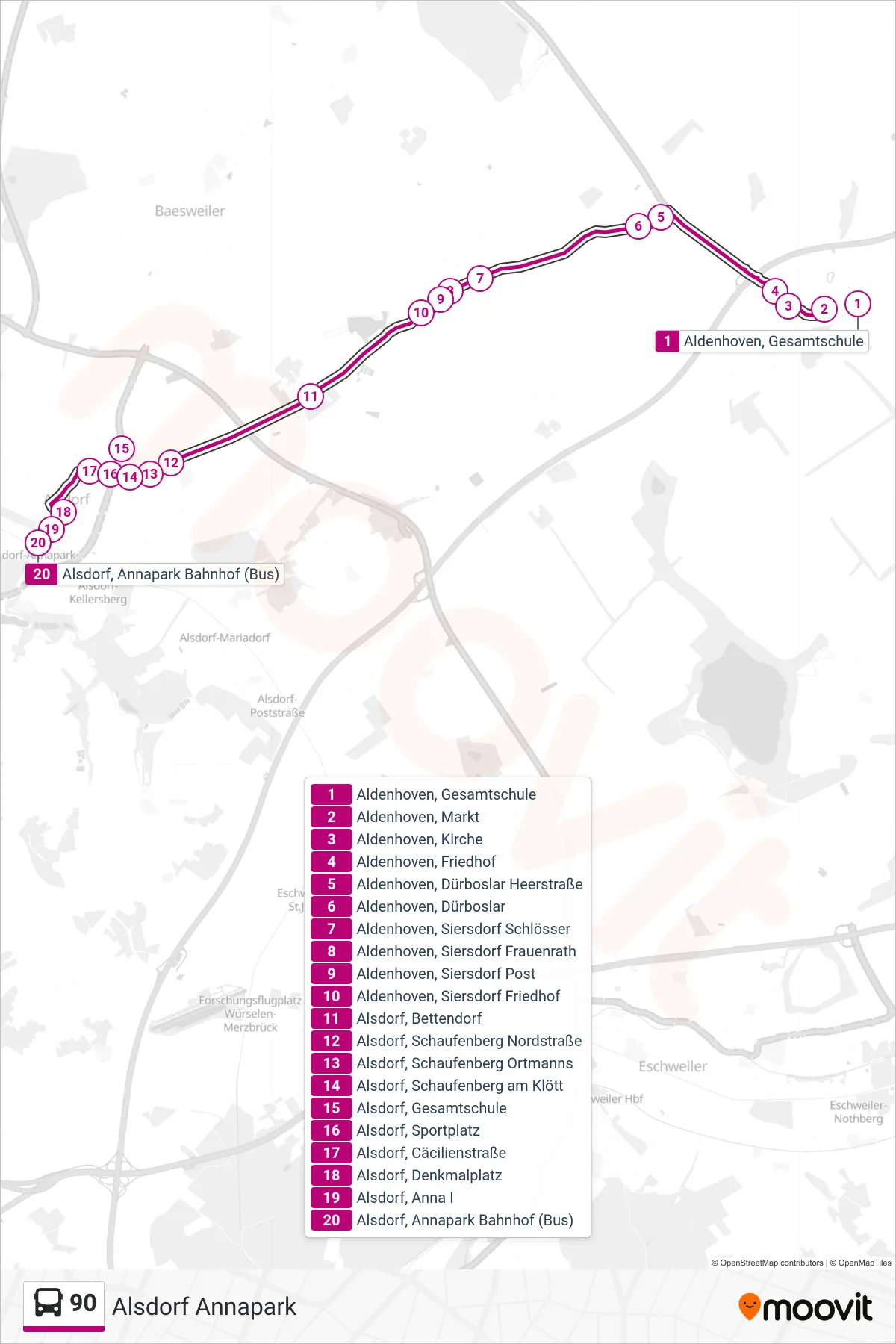 Linie 90 (Bus) Richtung Alsdorf Annapark: Route und Haltestellen auf der Karte