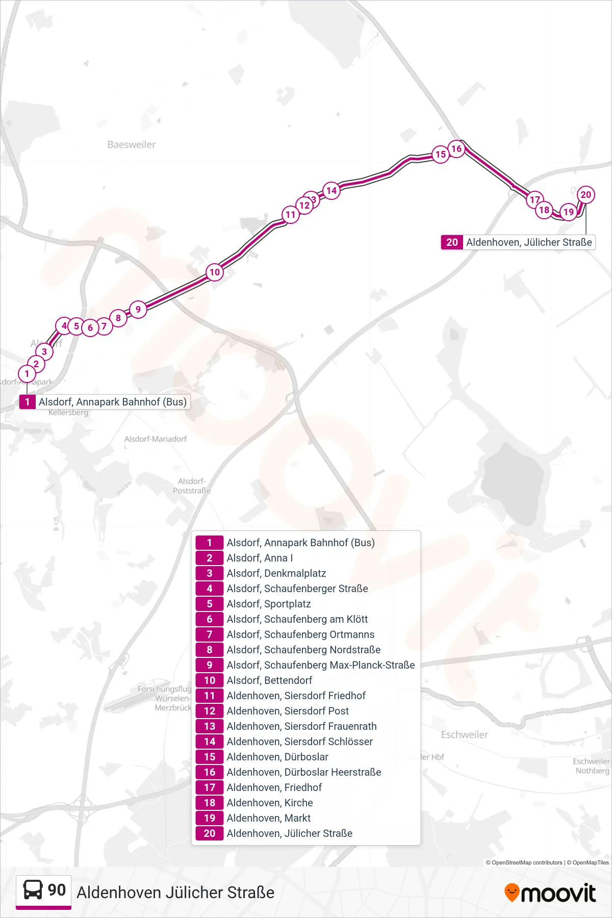 Linie 90 (Bus) Richtung Aldenhoven Jülicher Straße: Route und Haltestellen auf der Karte