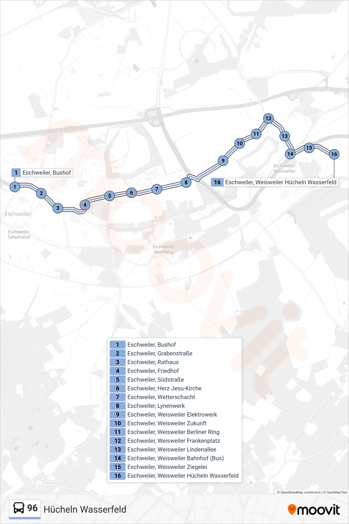 Linie 96 (Bus) Richtung Hücheln Wasserfeld: Route und Haltestellen auf der Karte