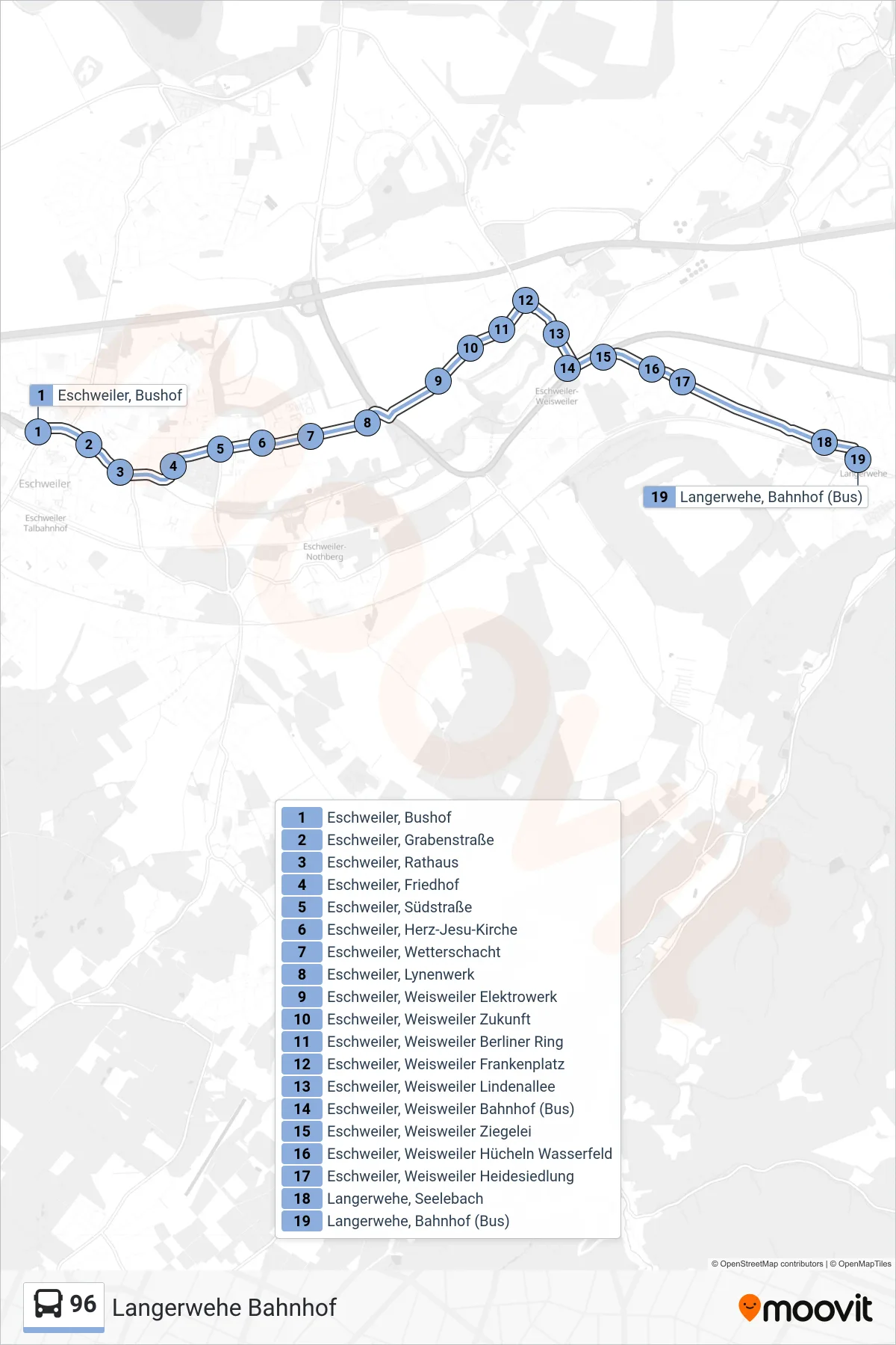 Linie 96 (Bus) Richtung Langerwehe Bahnhof: Route und Haltestellen auf der Karte
