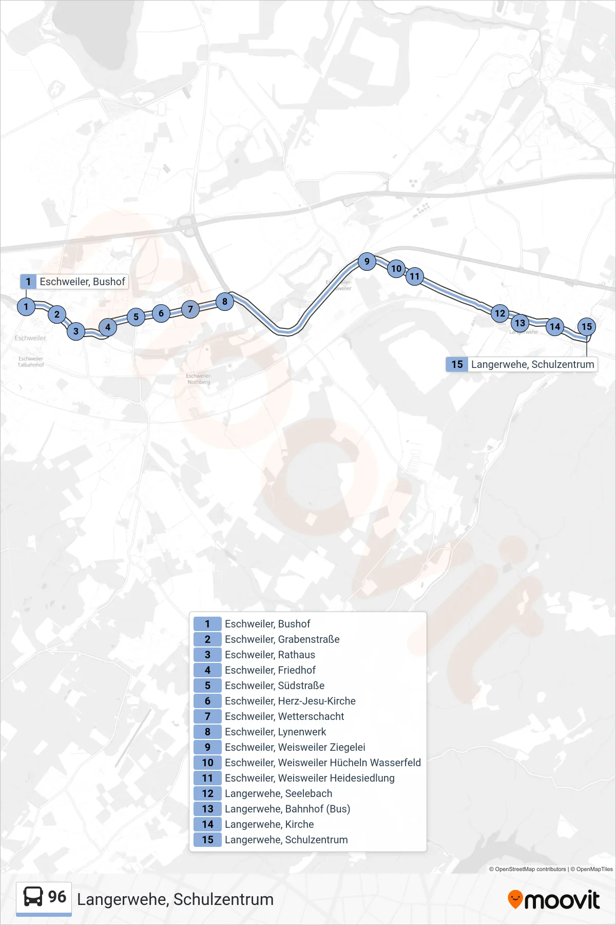 Linie 96 (Bus) Richtung Langerwehe, Schulzentrum: Route und Haltestellen auf der Karte