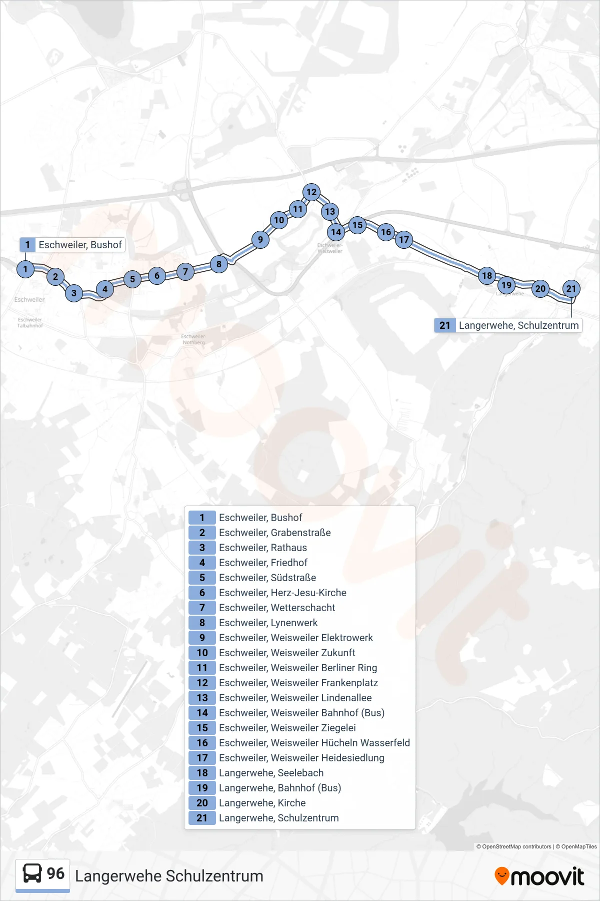 Linie 96 (Bus) Richtung Langerwehe Schulzentrum: Route und Haltestellen auf der Karte