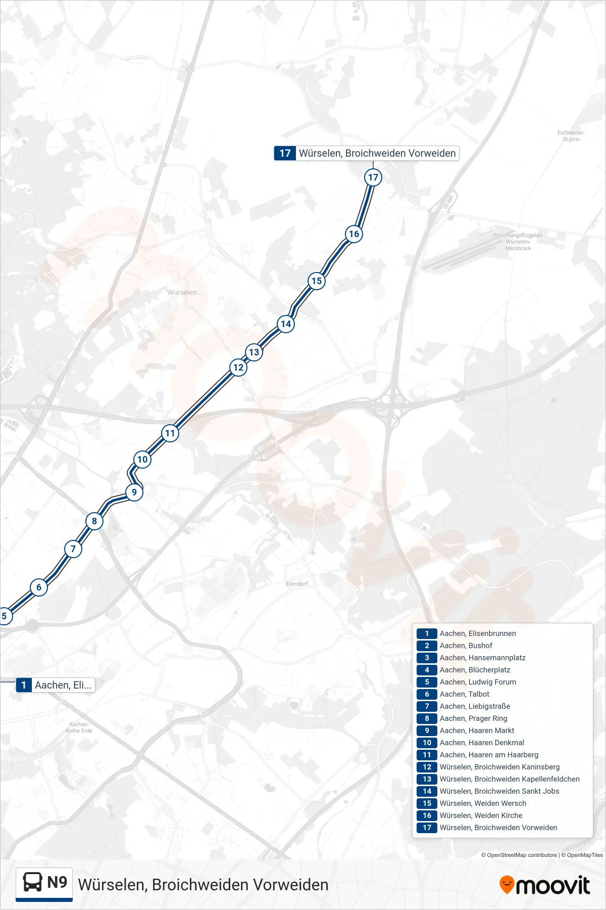 Linie N9 (Bus) Richtung Würselen, Broichweiden Vorweiden: Route und Haltestellen auf der Karte