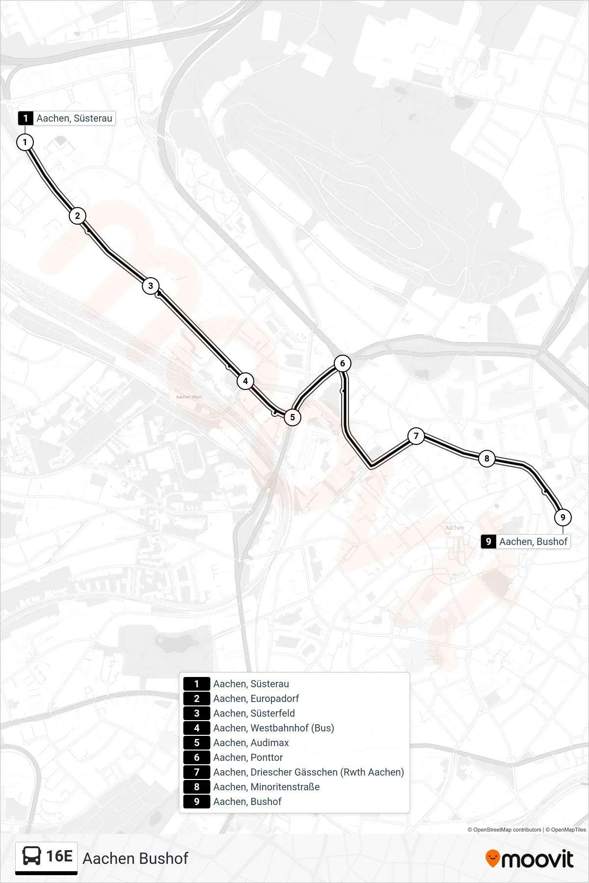 Linie 16E (Bus) Richtung Aachen Bushof: Route und Haltestellen auf der Karte