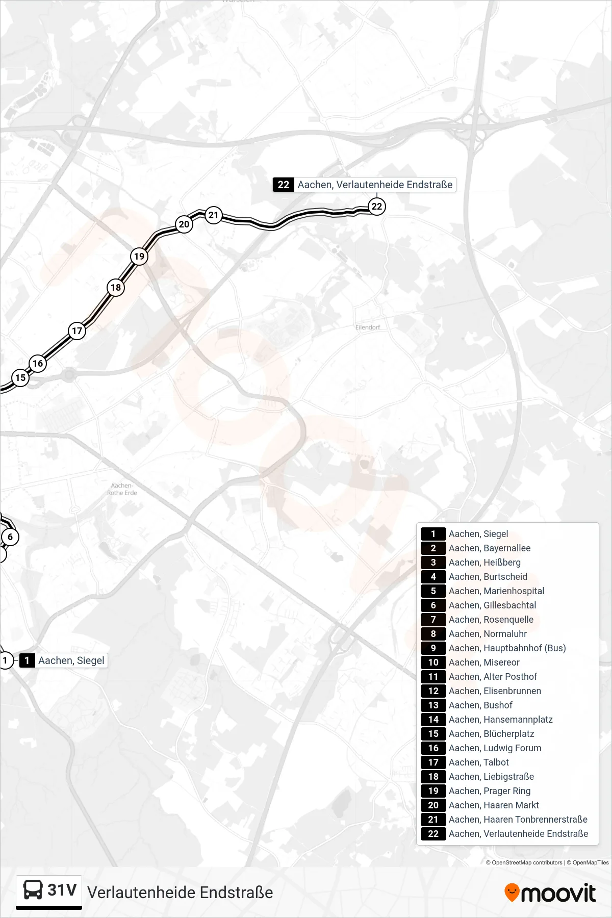 Linie 31V (Bus) Richtung Verlautenheide Endstraße: Route und Haltestellen auf der Karte