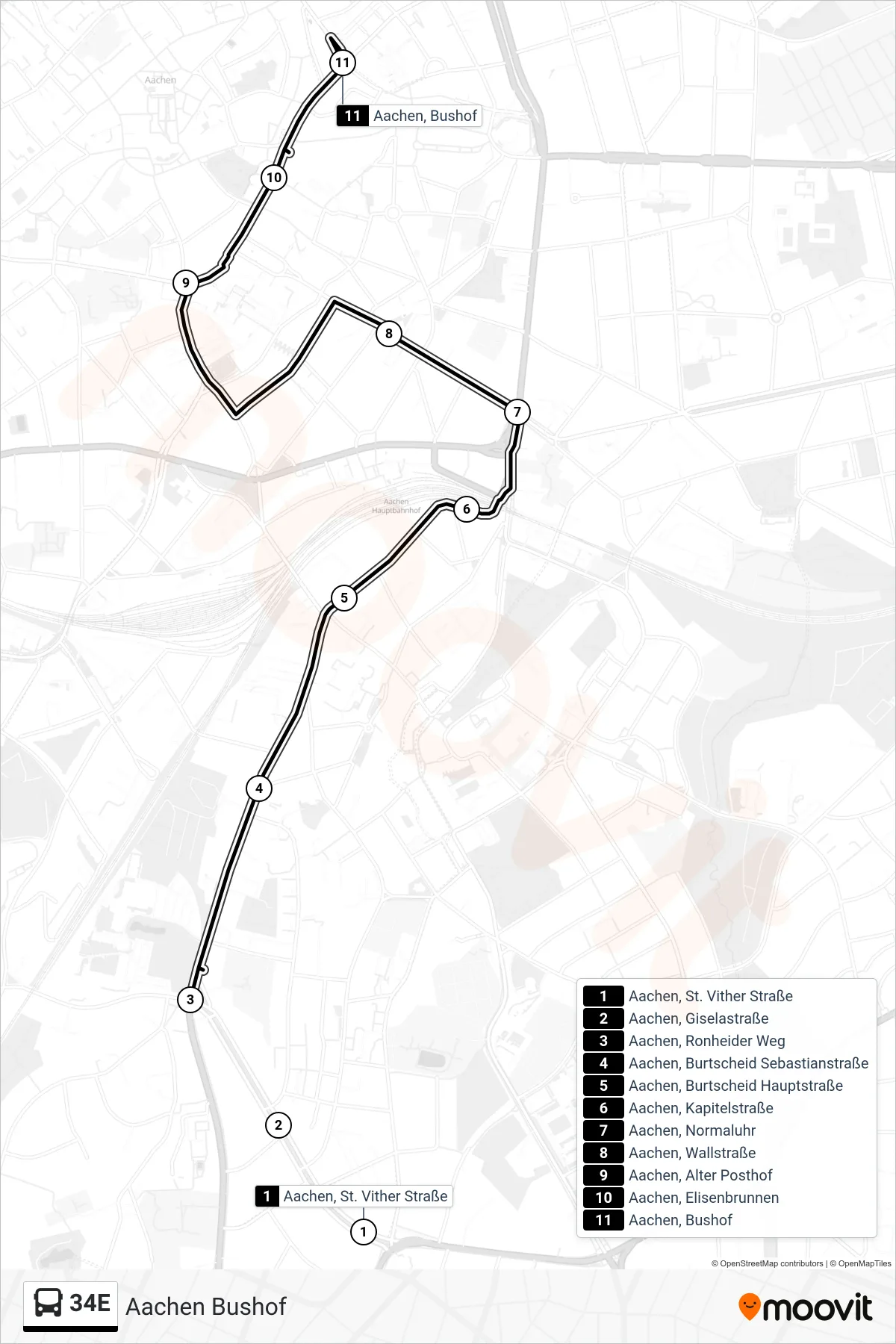 Linie 34E (Bus) Richtung Aachen Bushof: Route und Haltestellen auf der Karte