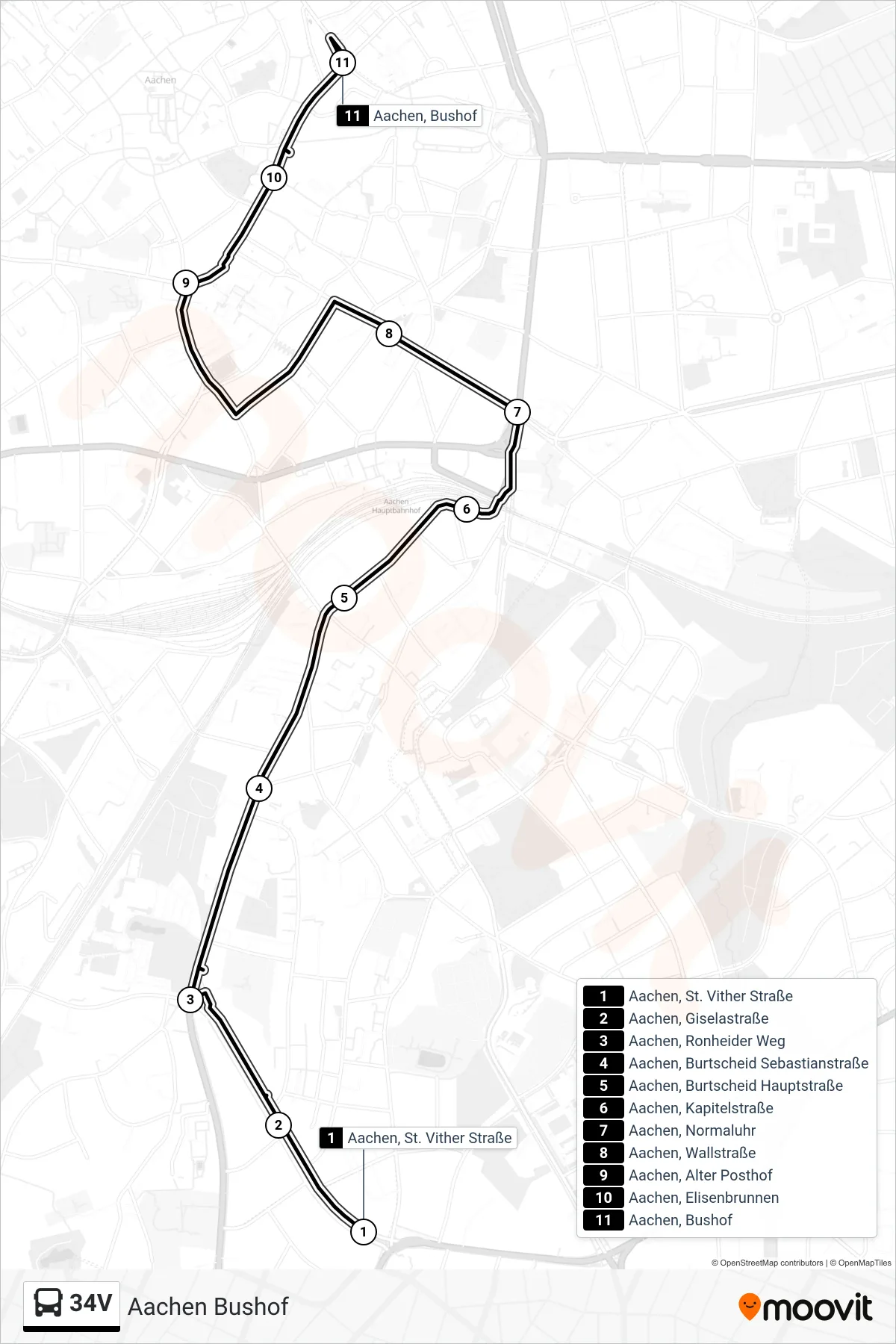 Linie 34V (Bus) Richtung Aachen Bushof: Route und Haltestellen auf der Karte