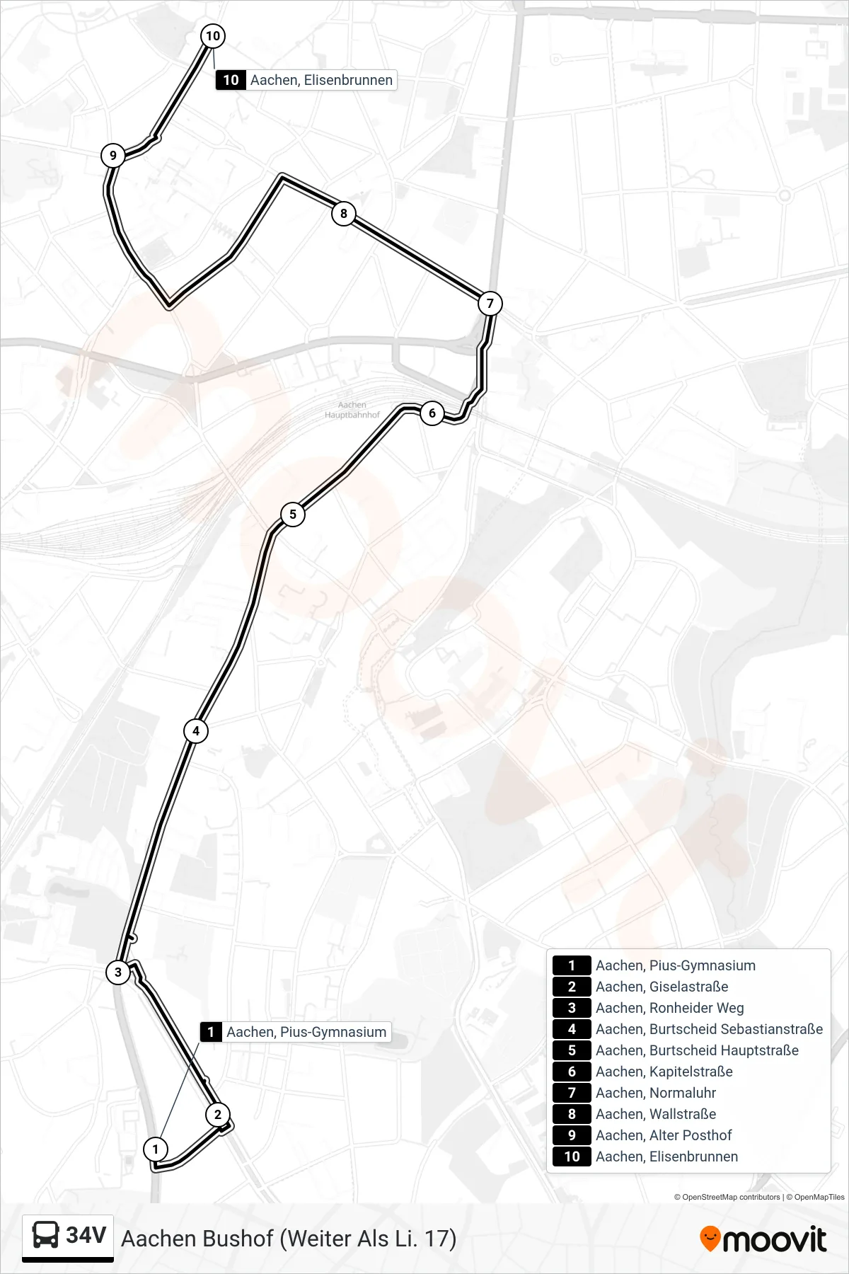 Linie 34V (Bus) Richtung Aachen Bushof (Weiter Als Li. 17): Route und Haltestellen auf der Karte