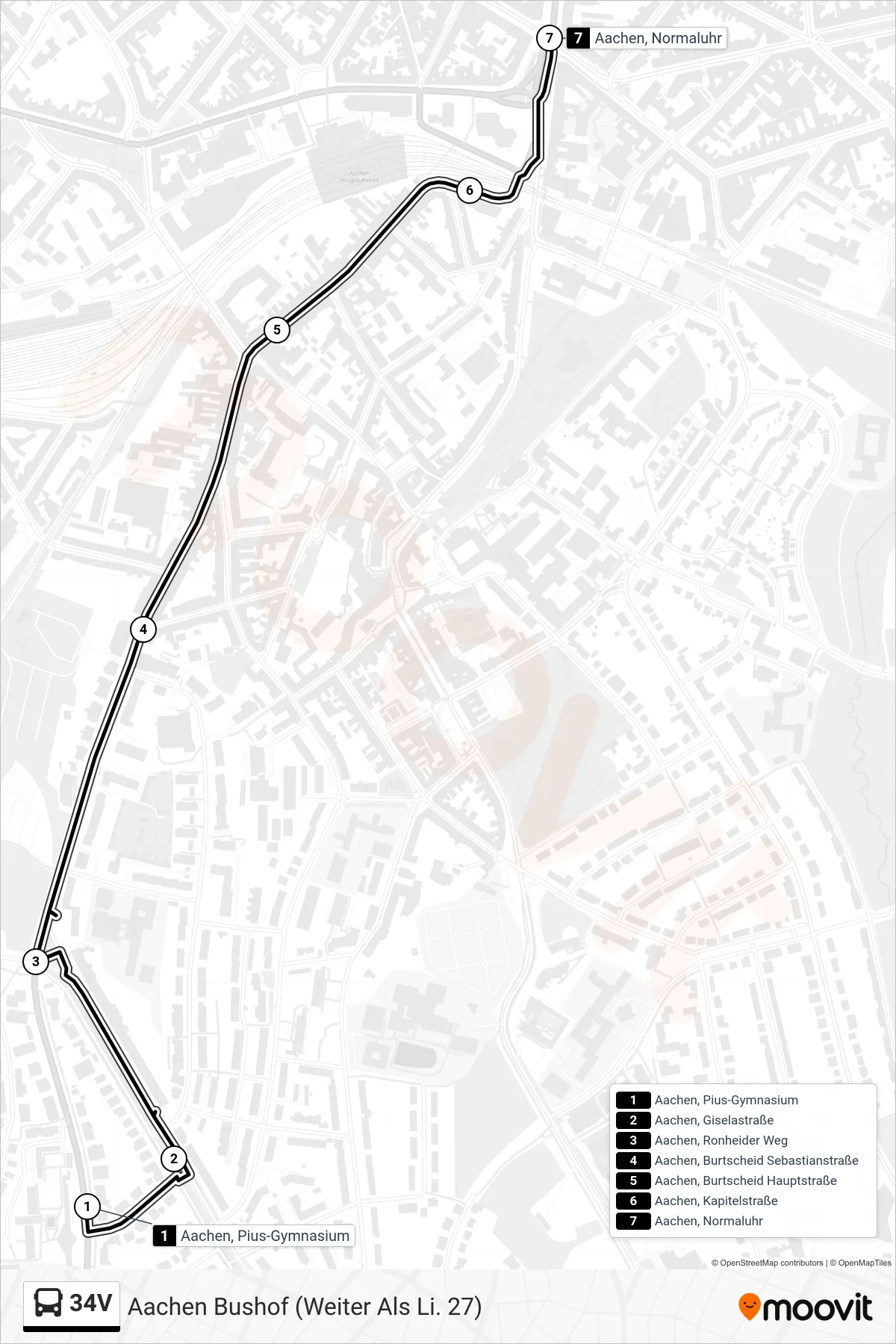 Linie 34V (Bus) Richtung Aachen Bushof (Weiter Als Li. 27): Route und Haltestellen auf der Karte