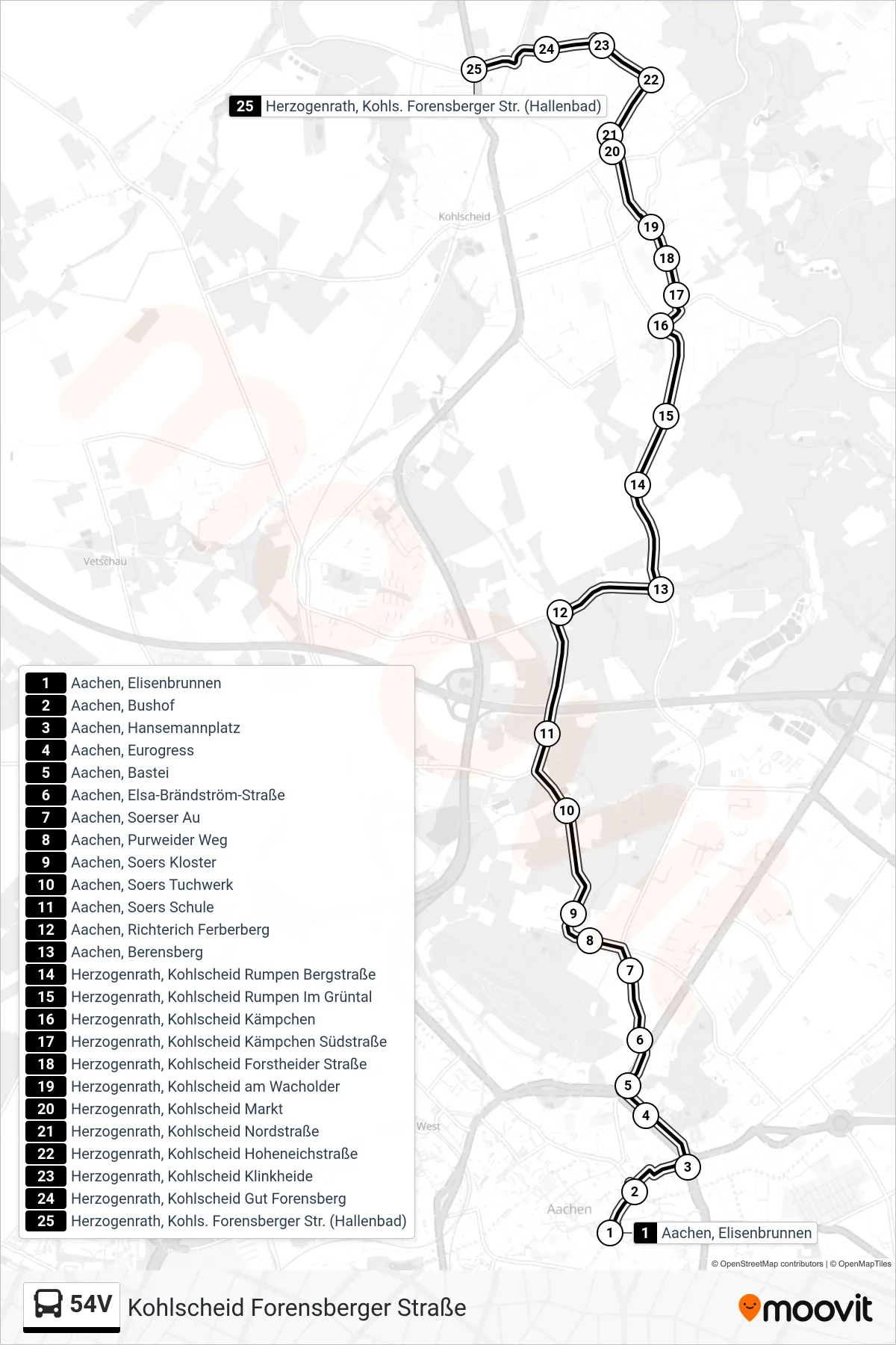 Linie 54V (Bus) Richtung Kohlscheid Forensberger Straße: Route und Haltestellen auf der Karte