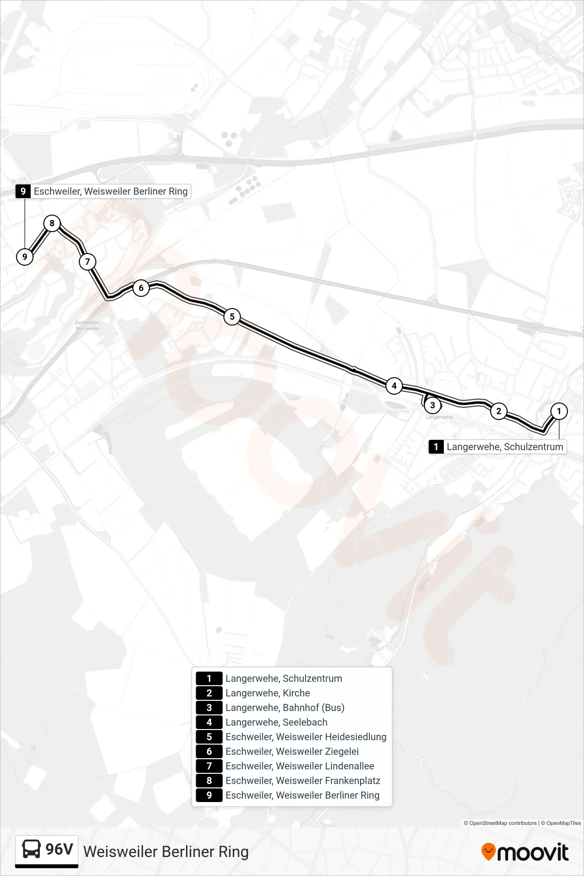 Linie 96V (Bus) Richtung Weisweiler Berliner Ring: Route und Haltestellen auf der Karte
