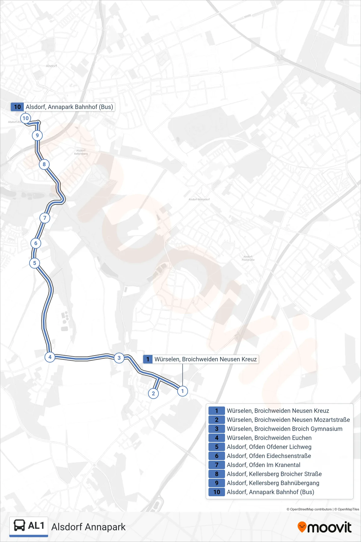 Linie AL1 (Bus) Richtung Alsdorf Annapark: Route und Haltestellen auf der Karte