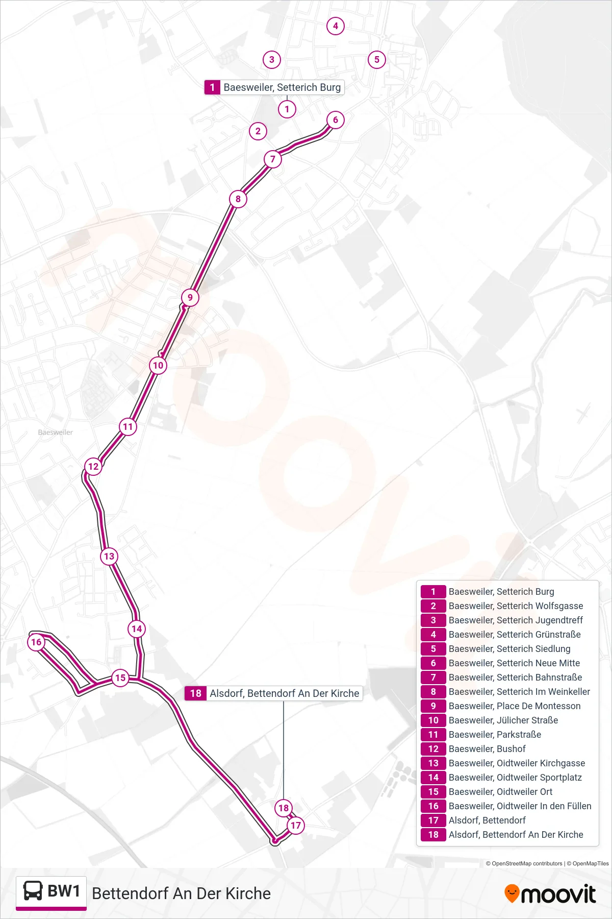Linie BW1 (Bus) Richtung Bettendorf An Der Kirche: Route und Haltestellen auf der Karte