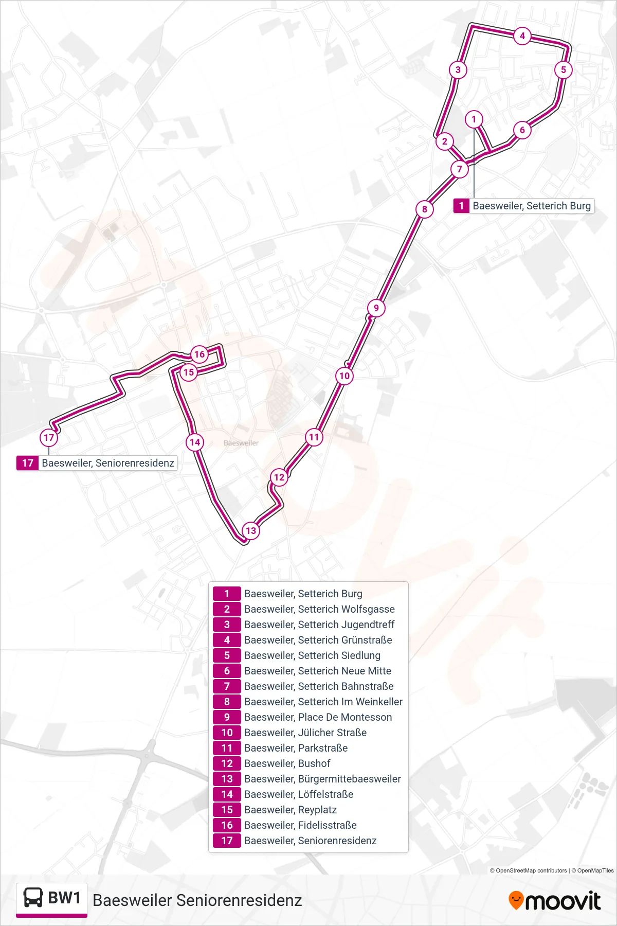 Linie BW1 (Bus) Richtung Baesweiler Seniorenresidenz: Route und Haltestellen auf der Karte