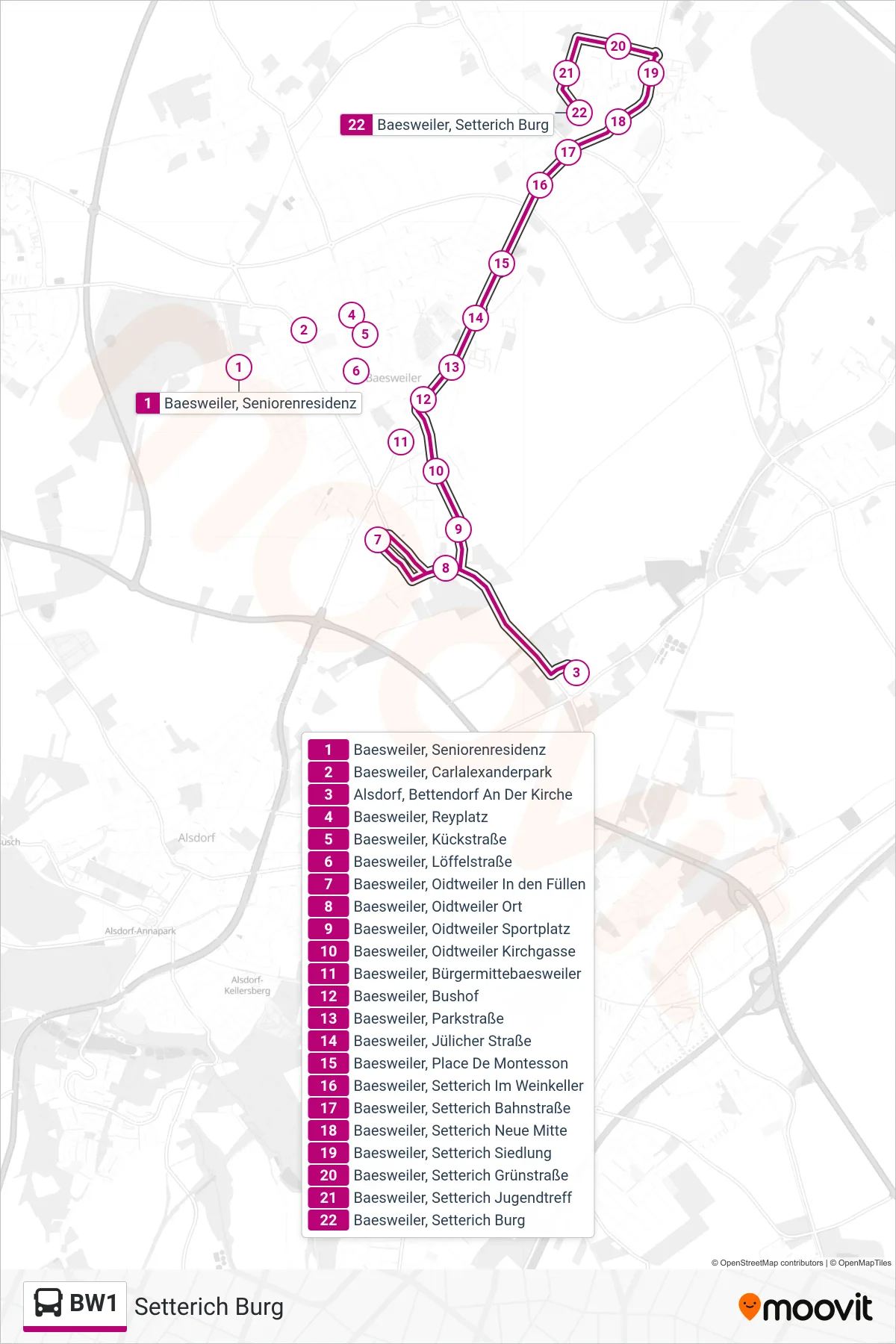 Linie BW1 (Bus) Richtung Setterich Burg: Route und Haltestellen auf der Karte