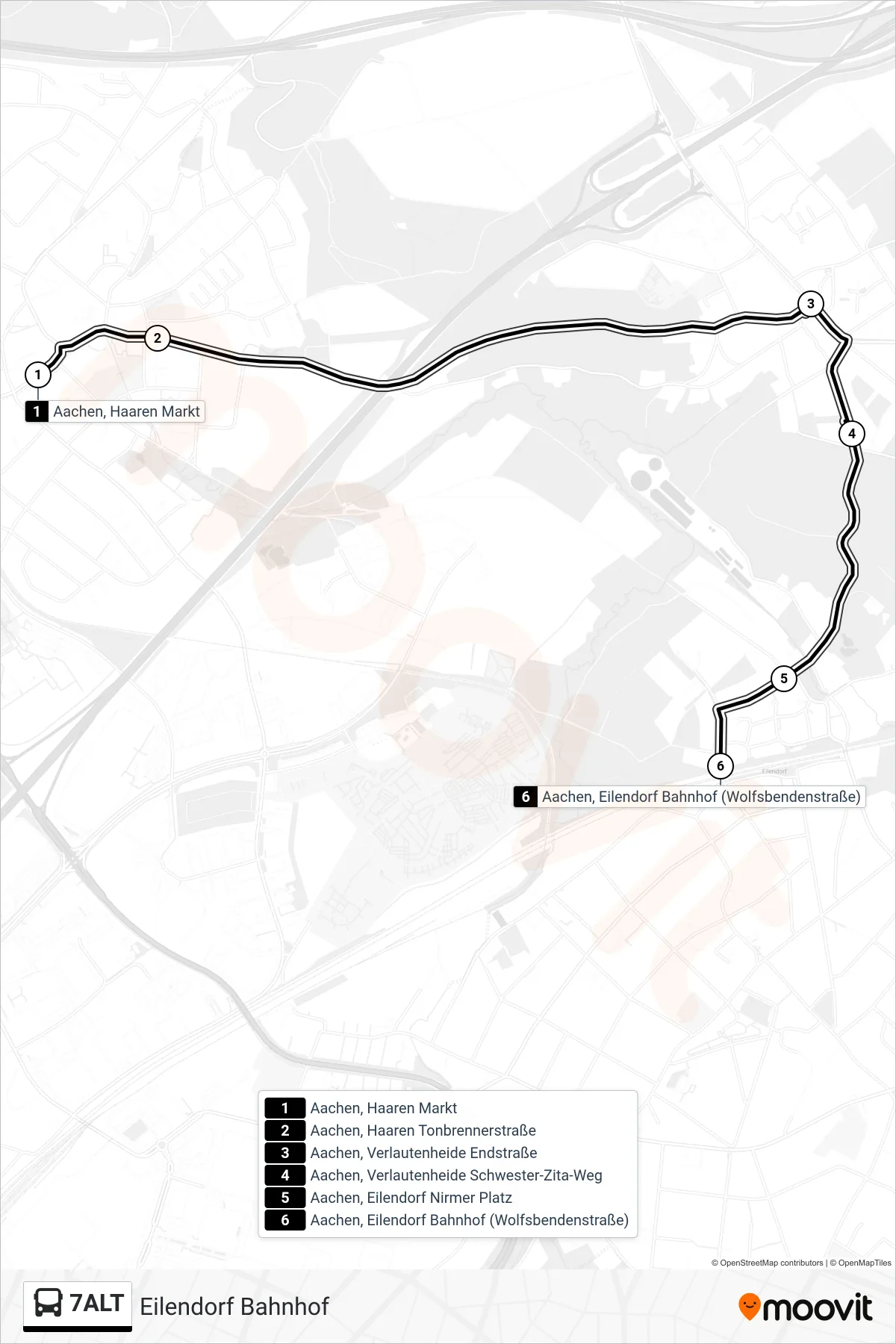Linie 7ALT (Bus) Richtung Eilendorf Bahnhof: Route und Haltestellen auf der Karte