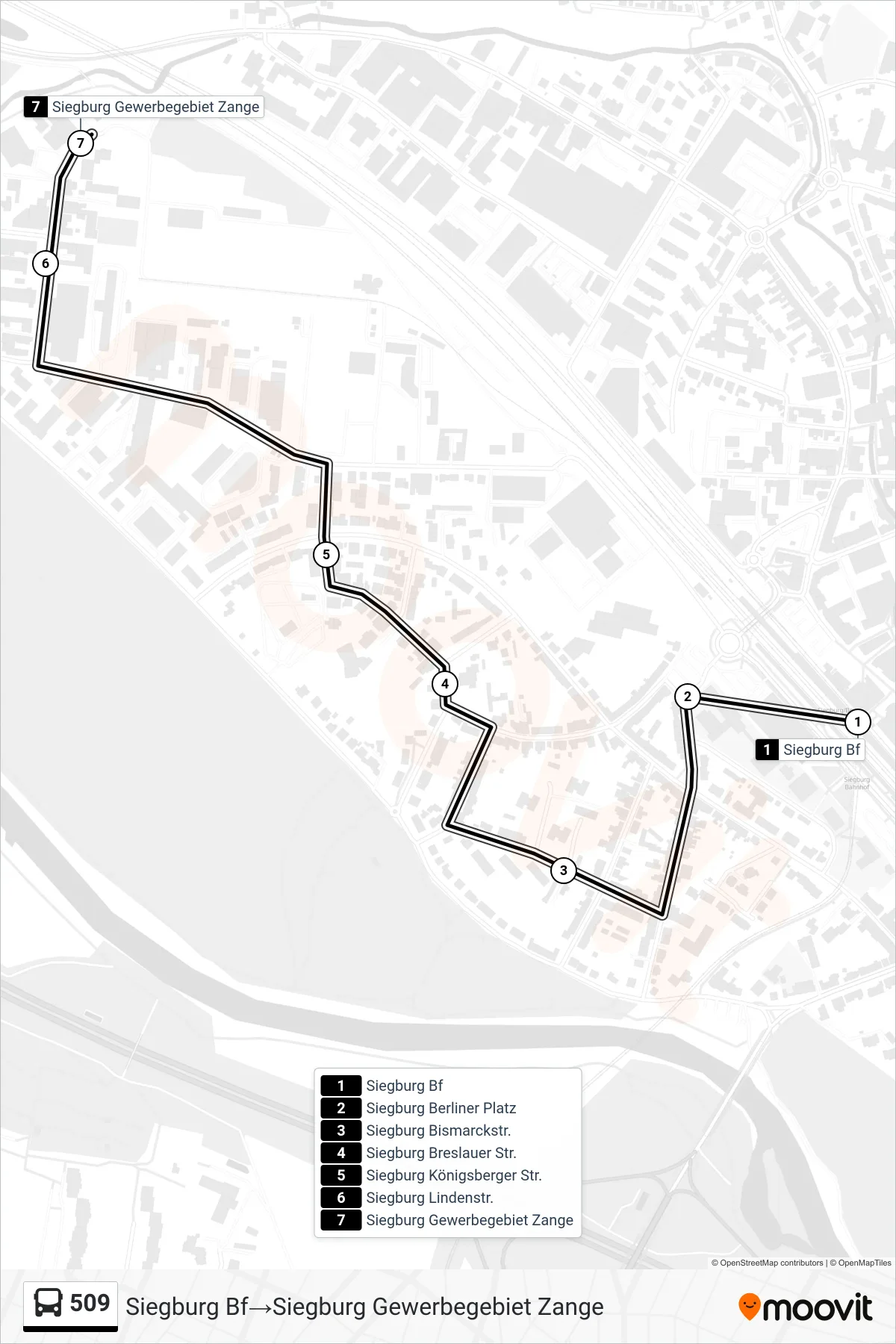 Linie 509 (Bus) Richtung Siegburg Bf→Siegburg Gewerbegebiet Zange: Route und Haltestellen auf der Karte
