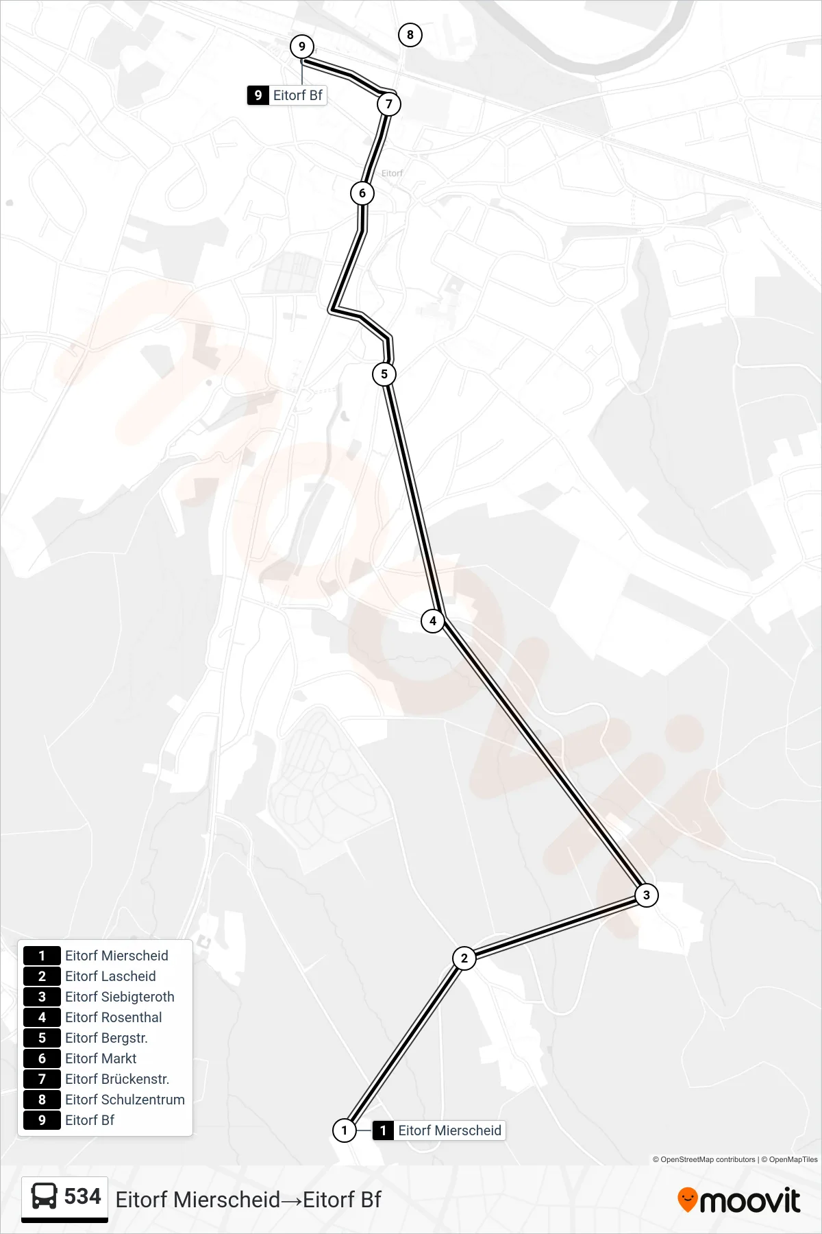 Linie 534 (Bus) Richtung Eitorf Mierscheid→Eitorf Bf: Route und Haltestellen auf der Karte