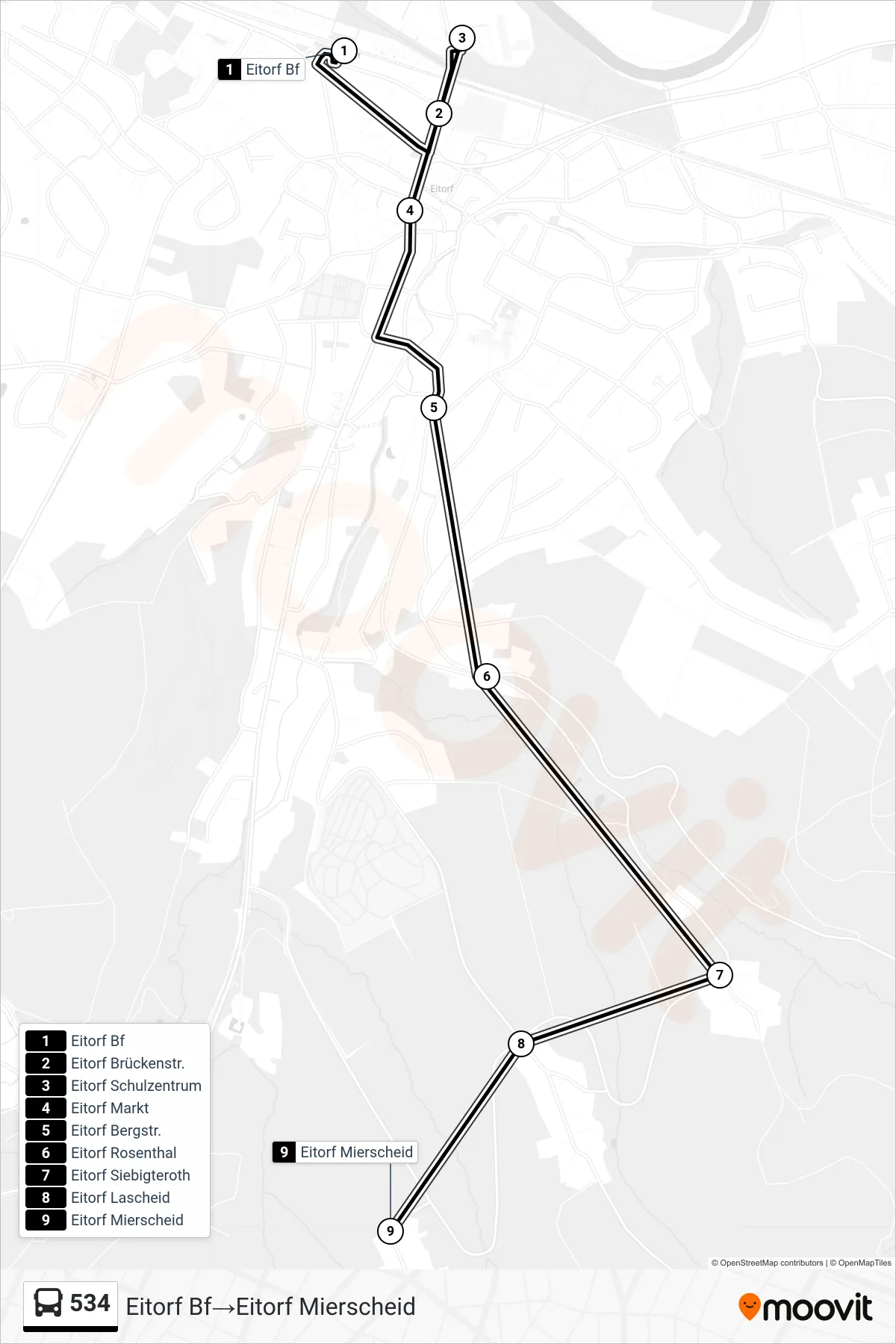 Linie 534 (Bus) Richtung Eitorf Bf→Eitorf Mierscheid: Route und Haltestellen auf der Karte