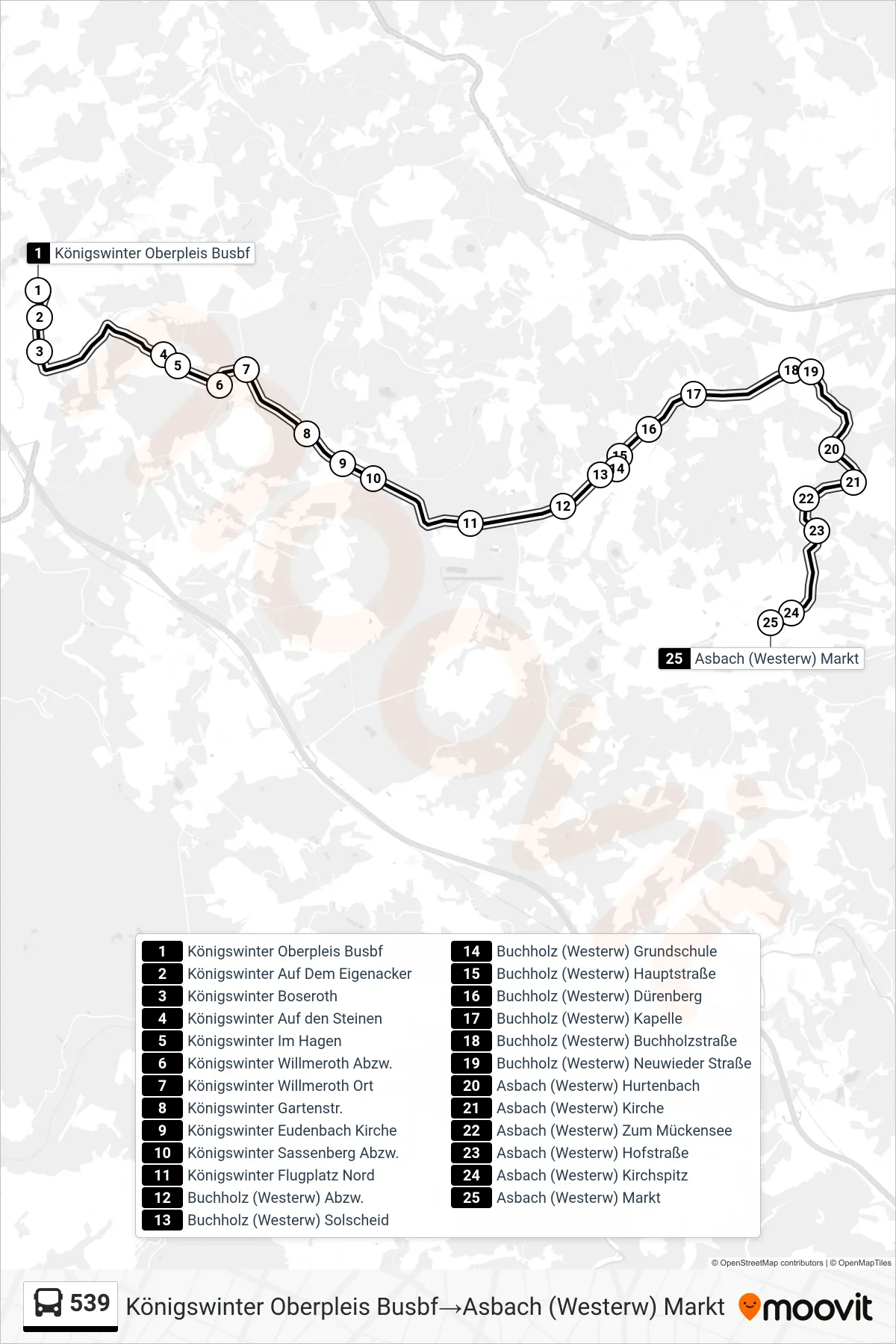 Linie 539 (Bus) Richtung Königswinter Oberpleis Busbf→Asbach (Westerw) Markt: Route und Haltestellen auf der Karte
