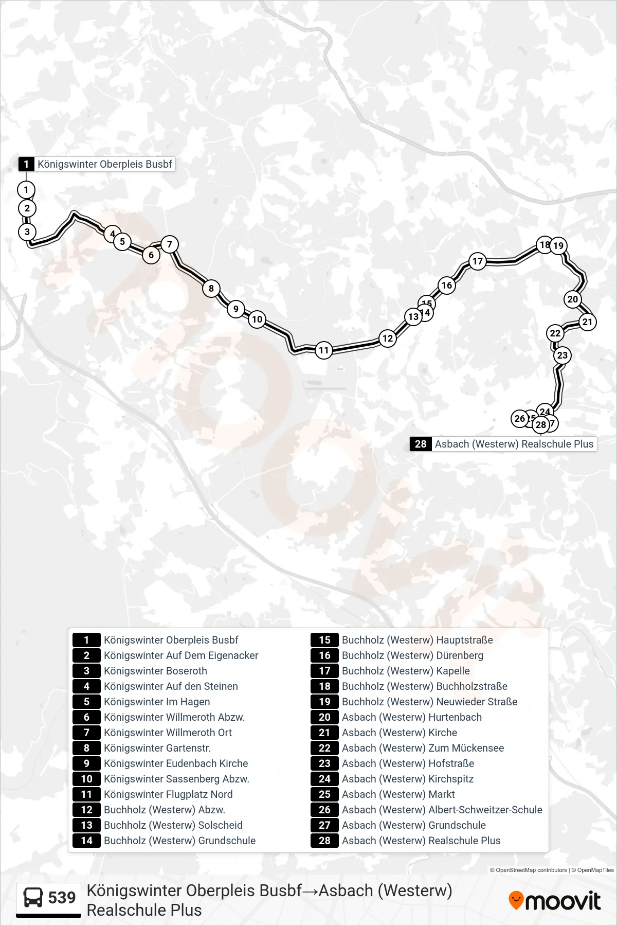 Linie 539 (Bus) Richtung Königswinter Oberpleis Busbf→Asbach (Westerw) Realschule Plus: Route und Haltestellen auf der Karte