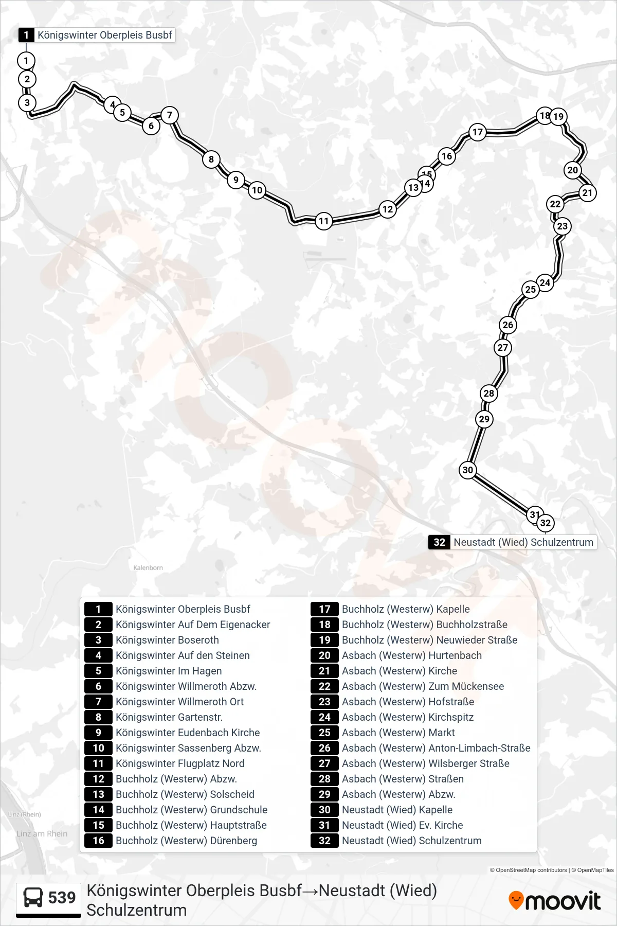 Linie 539 (Bus) Richtung Königswinter Oberpleis Busbf→Neustadt (Wied) Schulzentrum: Route und Haltestellen auf der Karte